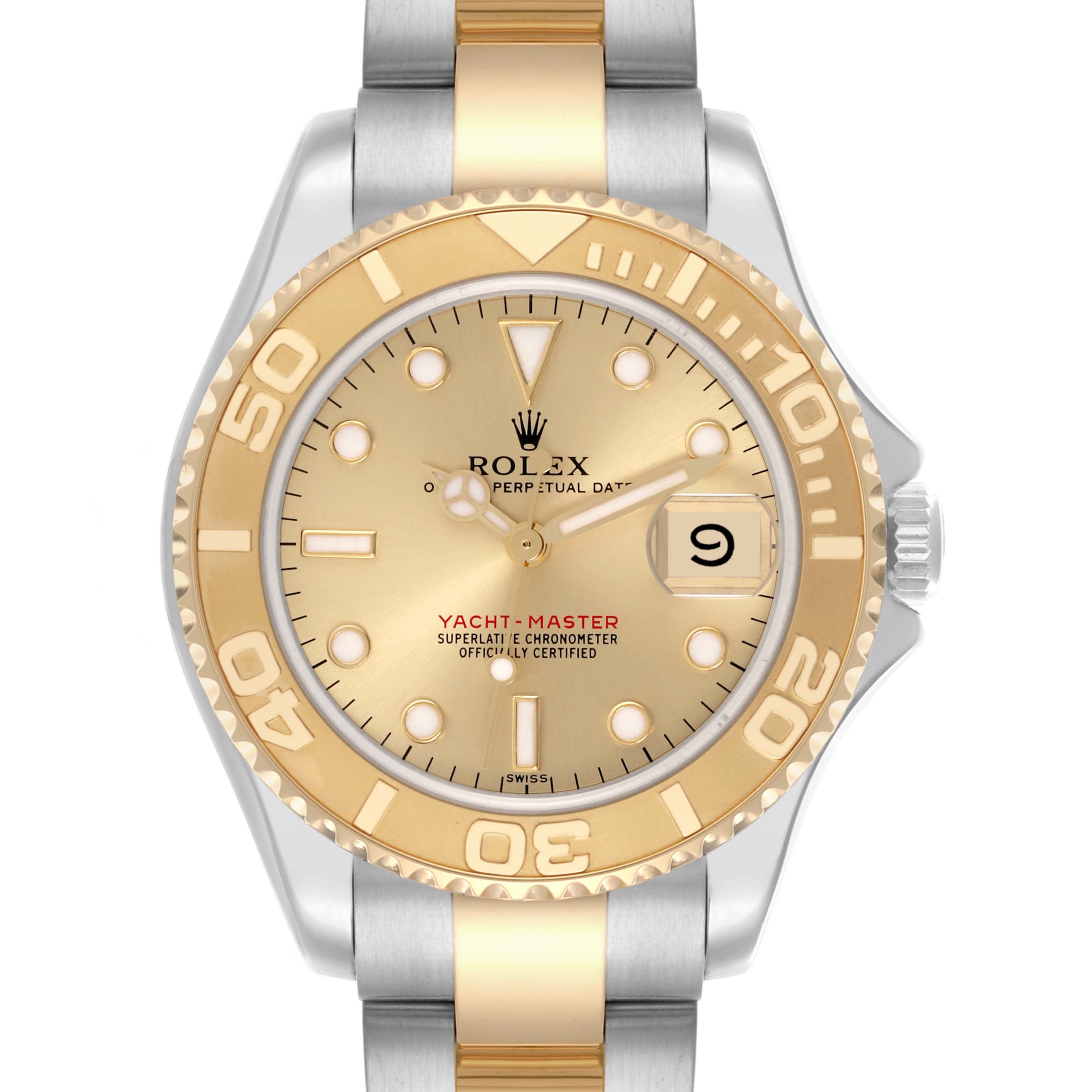 The Rolex Yacht-Master 68623 Men's Steel and Gold (two tone) Champagne Dial 68623 Men's Steel and Gold (two tone) Champagne Dial watch is shown from a front view, highlighting its gold bezel, dial, and two-tone bracelet.