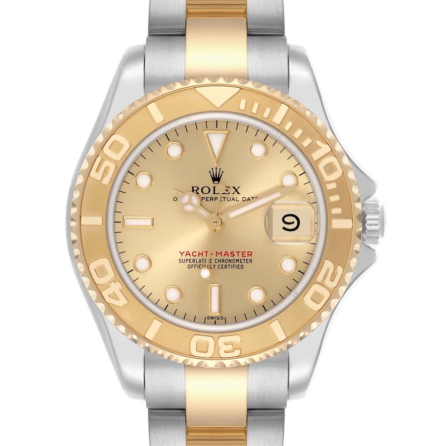 The Rolex Yacht-Master watch is shown from a front view, highlighting its gold bezel, dial, and two-tone bracelet.