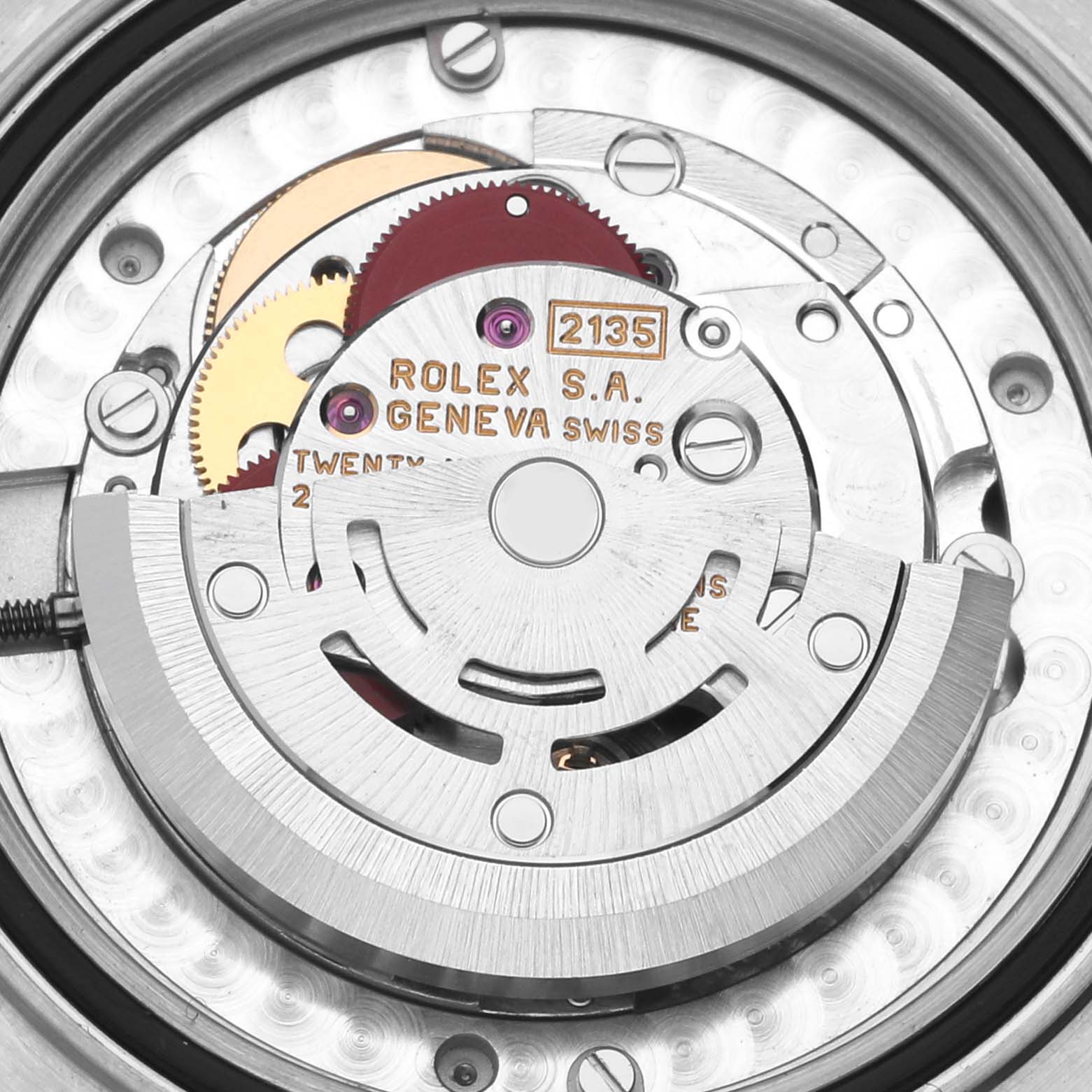 The image shows the internal movement of a Rolex Yacht-Master 68623 Men's Steel and Gold (two tone) Champagne Dial 68623 Men's Steel and Gold (two tone) Champagne Dial watch, viewed from a top angle, highlighting its intricate mechanics.