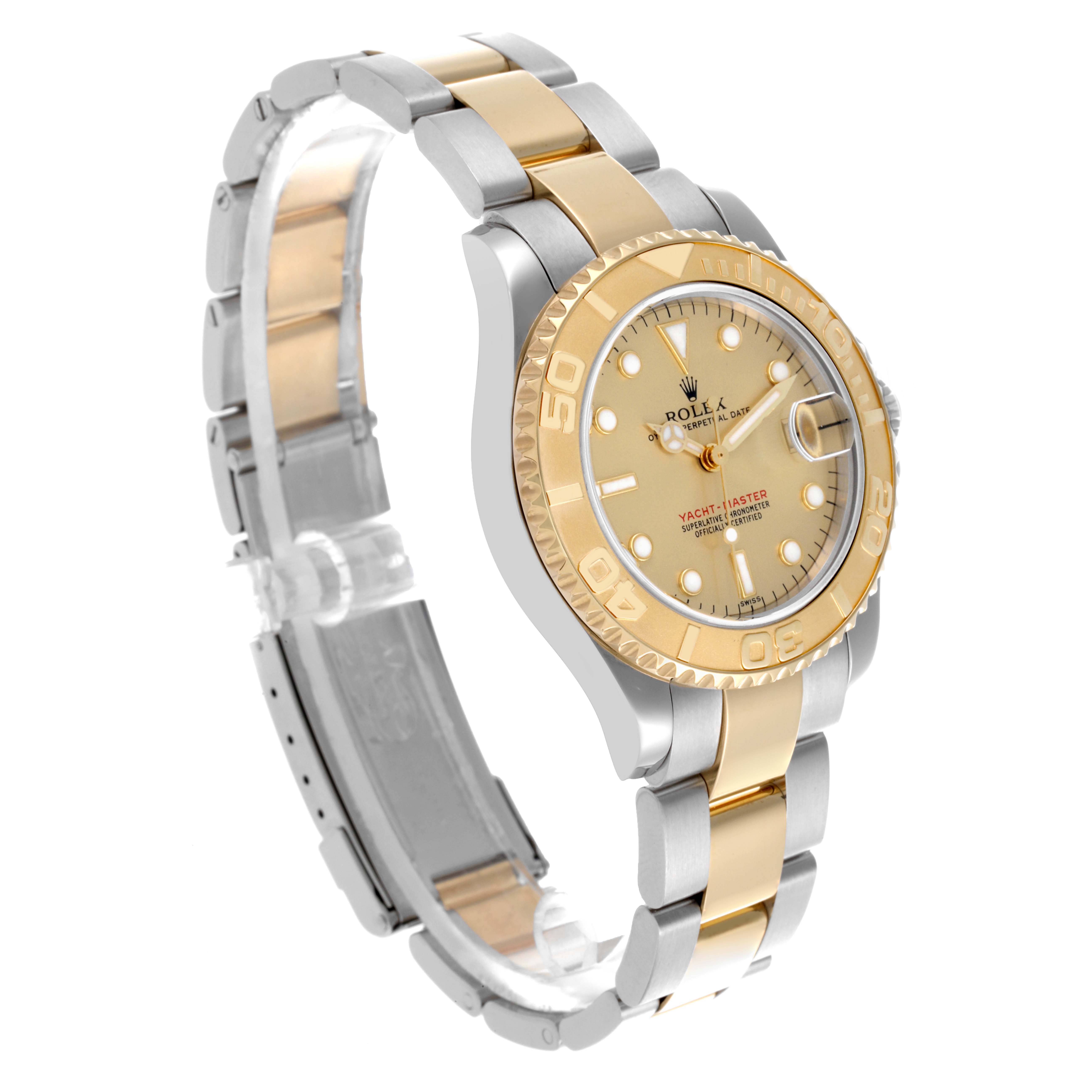 The Rolex Yacht-Master 68623 Men's Steel and Gold (two tone) Champagne Dial 68623 Men's Steel and Gold (two tone) Champagne Dial watch is shown at an angled side view displaying its dial, bezel, and two-tone bracelet.