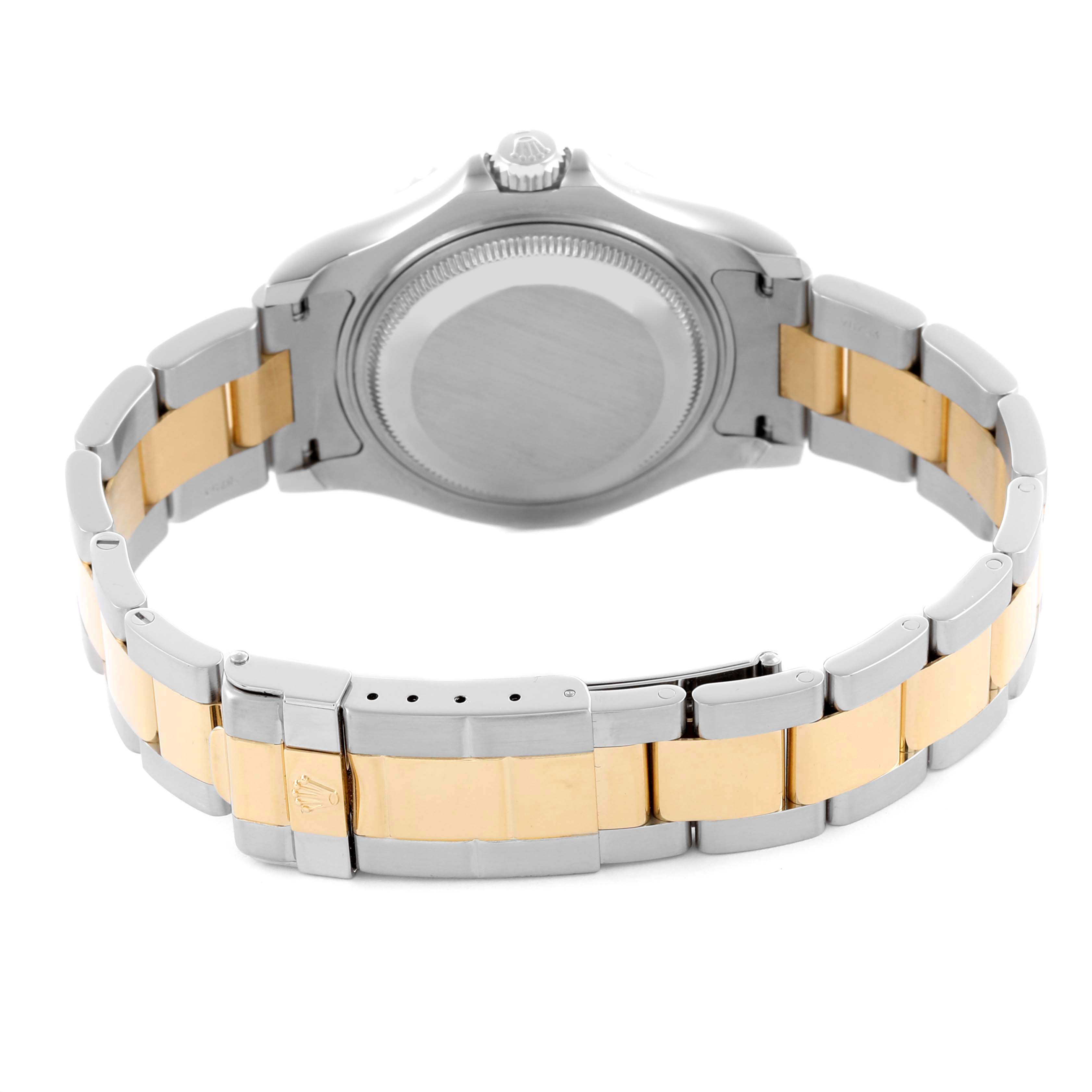 The Rolex Yacht-Master 68623 Men's Steel and Gold (two tone) Champagne Dial 68623 Men's Steel and Gold (two tone) Champagne Dial watch is shown from the back, displaying the case back and two-tone bracelet.