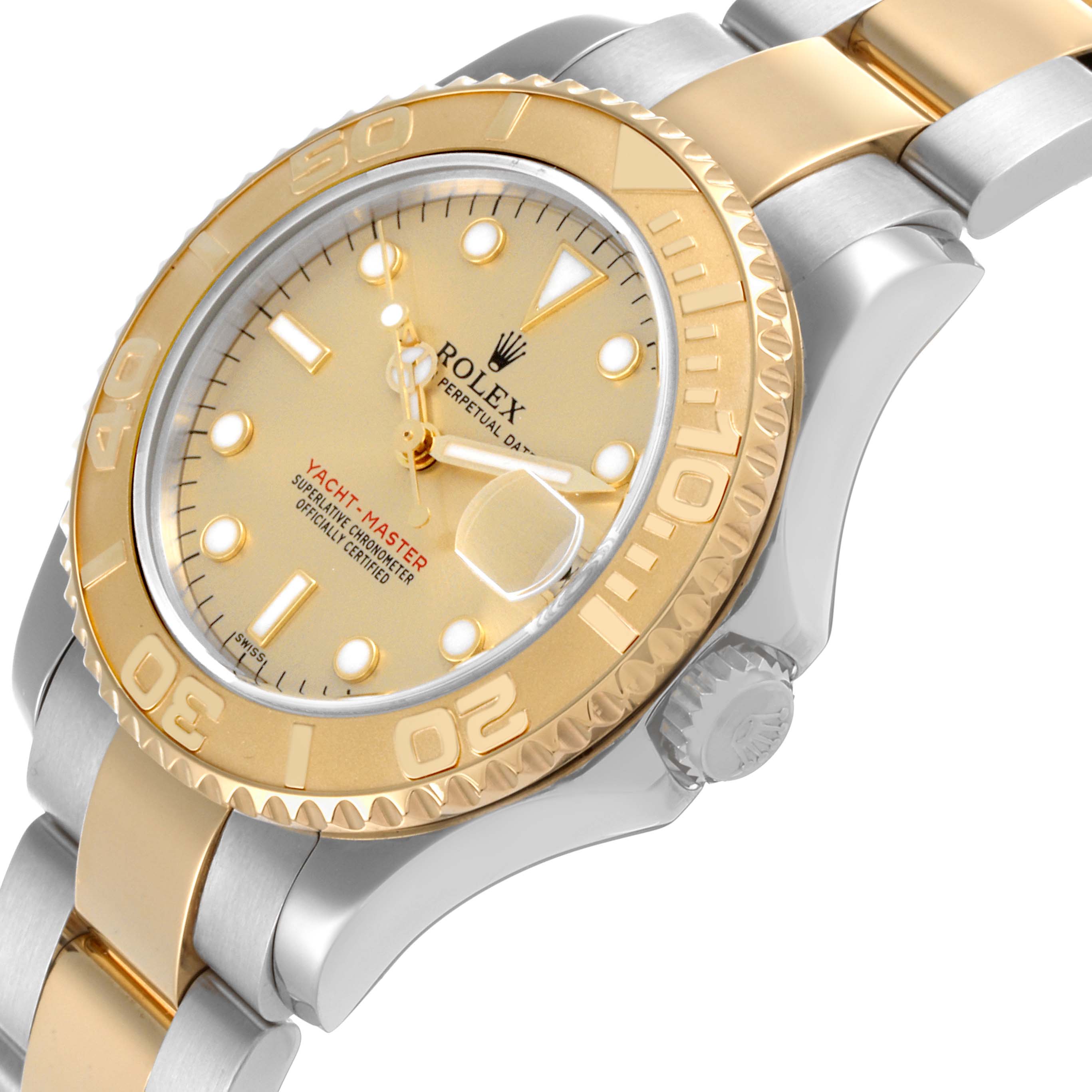 The Rolex Yacht-Master 68623 Men's Steel and Gold (two tone) Champagne Dial 68623 Men's Steel and Gold (two tone) Champagne Dial is shown from an angled side view, highlighting its gold bezel and dial, along with part of the bracelet.