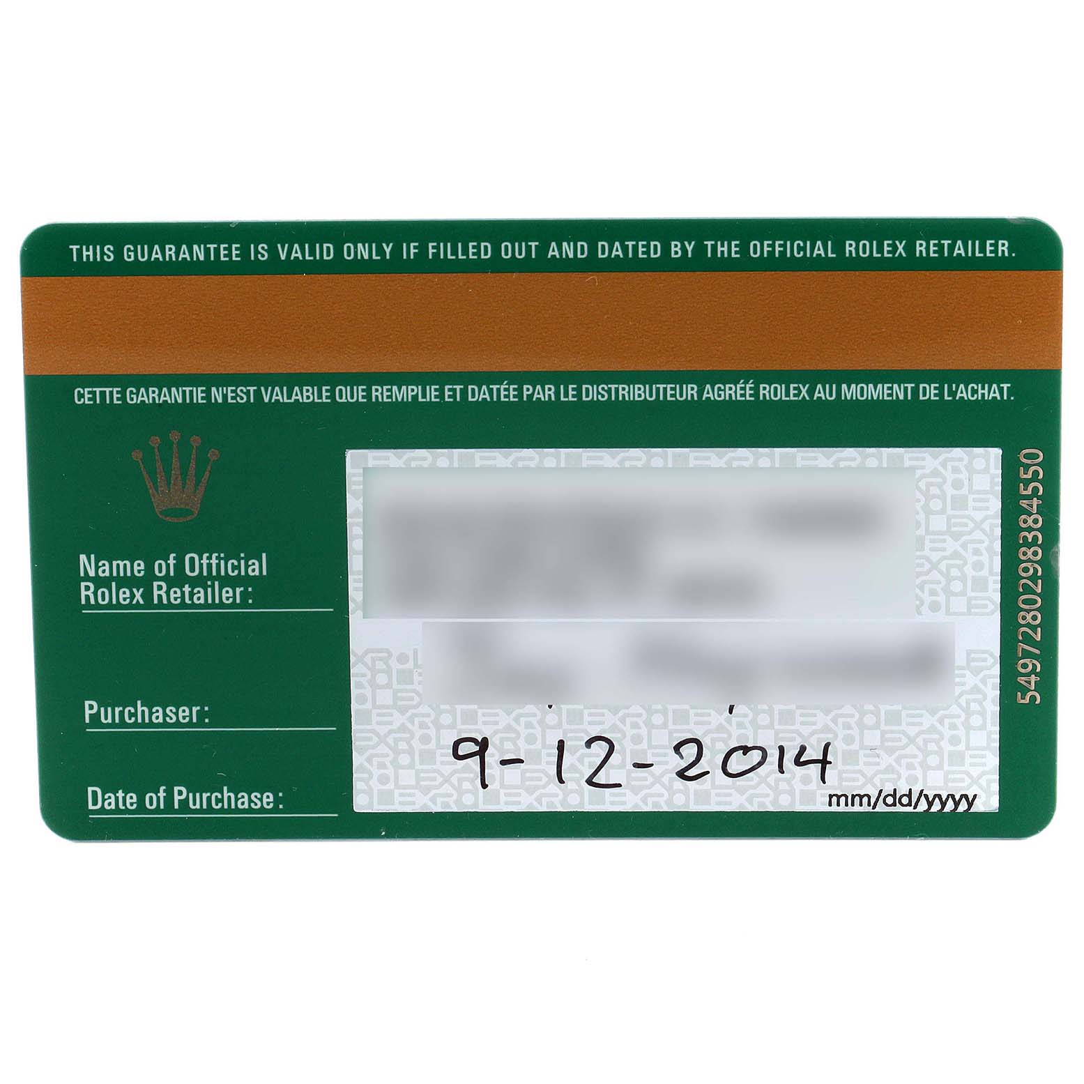 The image shows a warranty card for the Rolex Yacht-Master 168622 Men
s Stainless Steel Silver Dial 168622 Men
s Stainless Steel Silver Dial watch, with retailer, purchaser, and purchase date information.