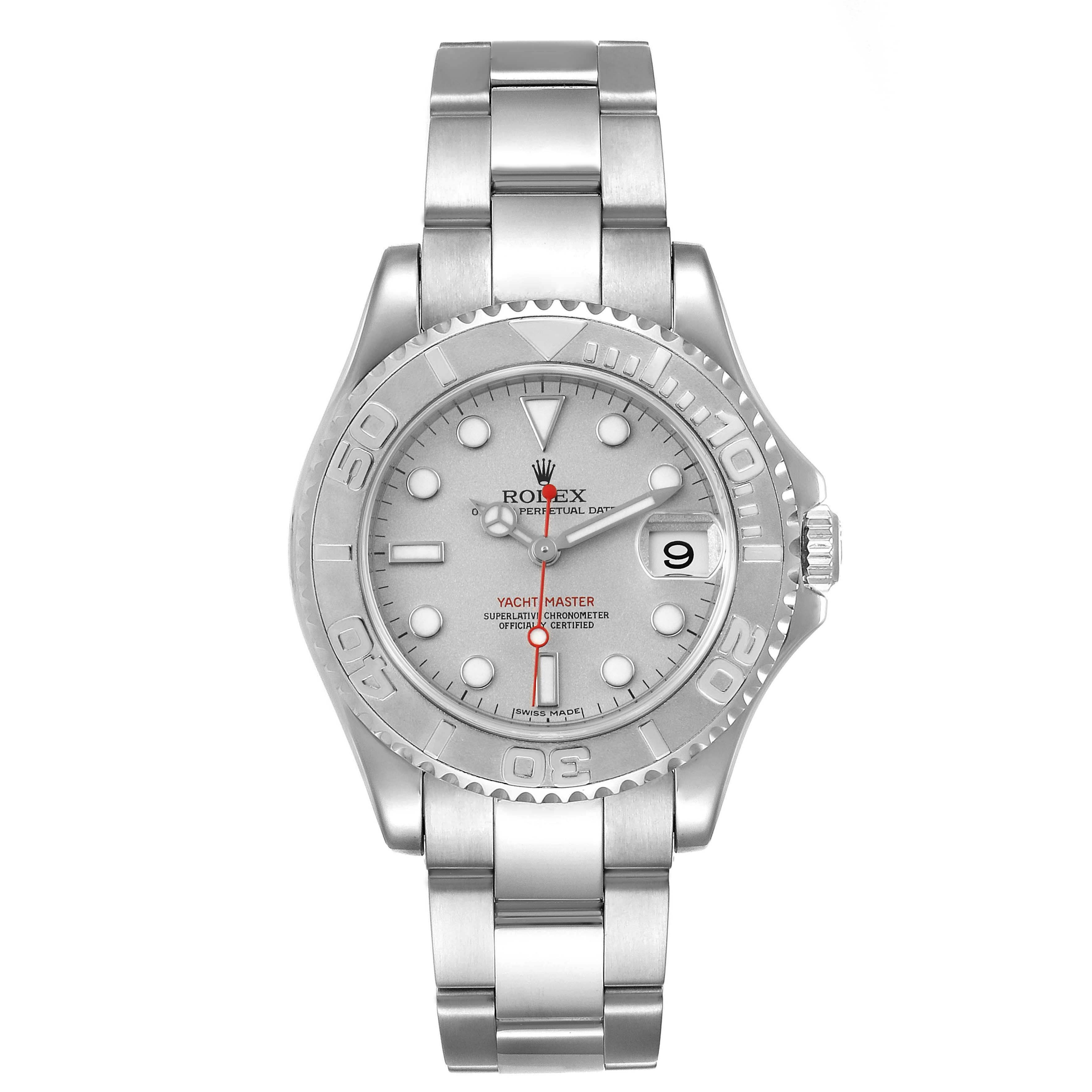 This Rolex Yacht-Master 168622 Men
s Stainless Steel Silver Dial 168622 Men
s Stainless Steel Silver Dial watch is shown from a front angle, displaying the entire face, bezel, and bracelet.
