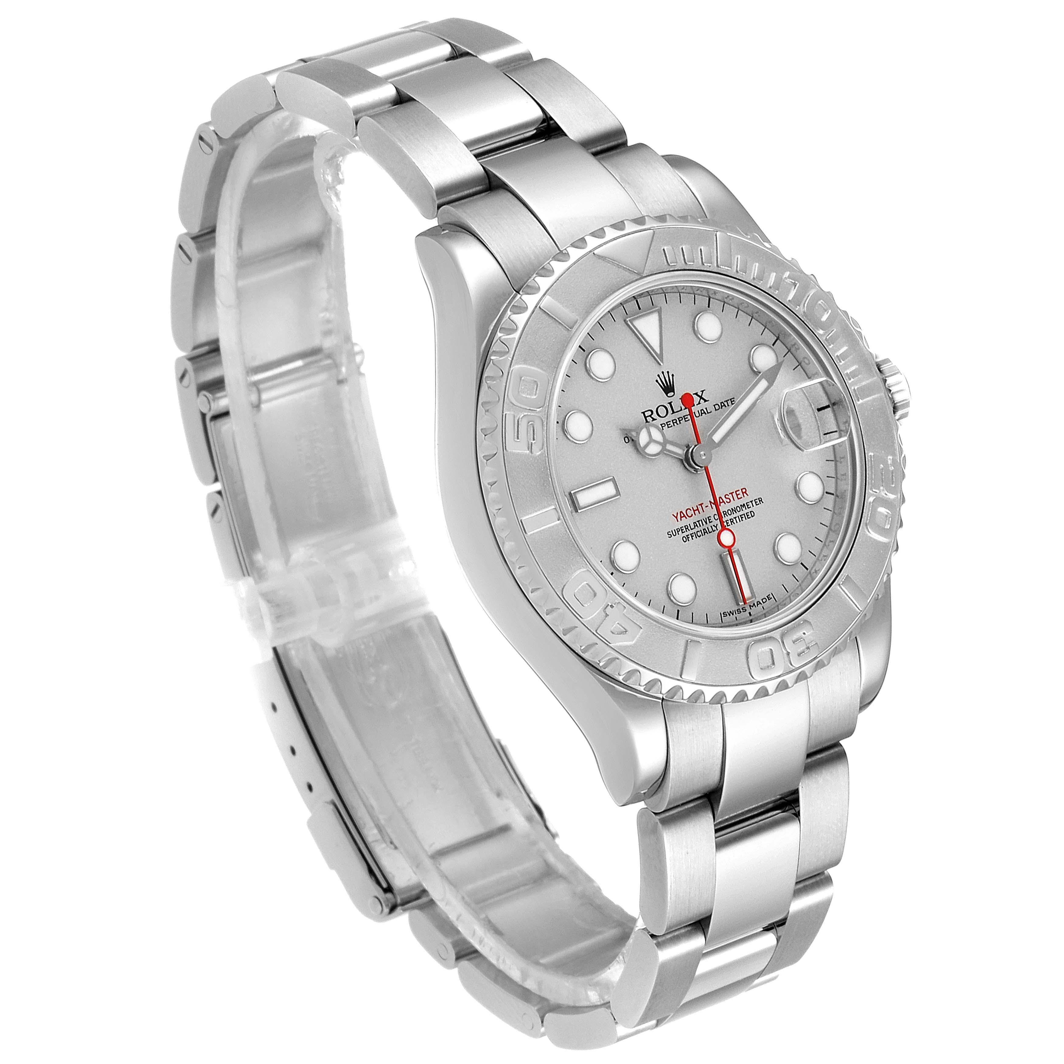 This image shows a side and front angle of the Rolex Yacht-Master 168622 Men
s Stainless Steel Silver Dial 168622 Men
s Stainless Steel Silver Dial watch, highlighting its bracelet, case, and face.