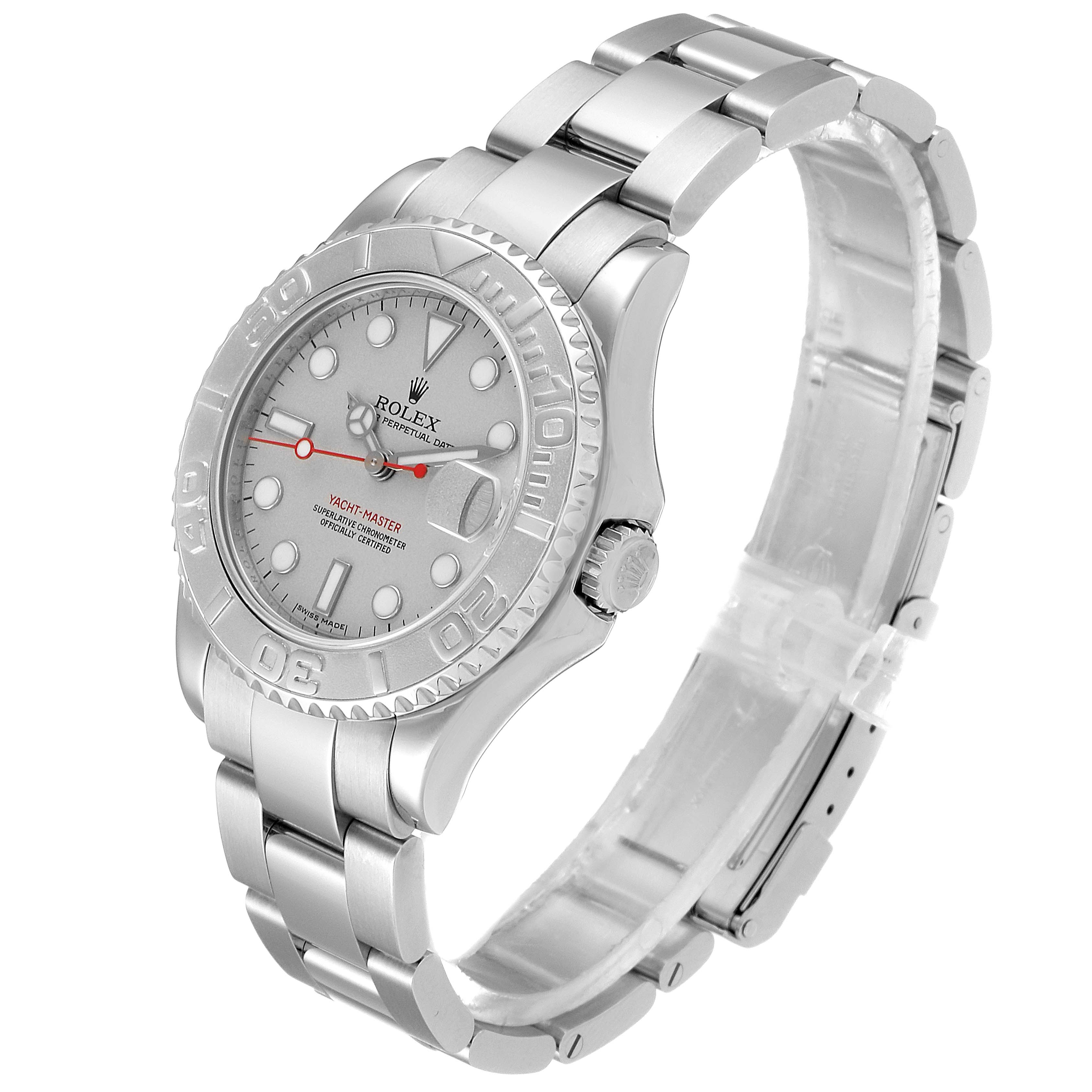 The image shows a side and front angled view of a Rolex Yacht-Master 168622 Men
s Stainless Steel Silver Dial 168622 Men
s Stainless Steel Silver Dial watch, highlighting the bezel, dial, bracelet, and crown.