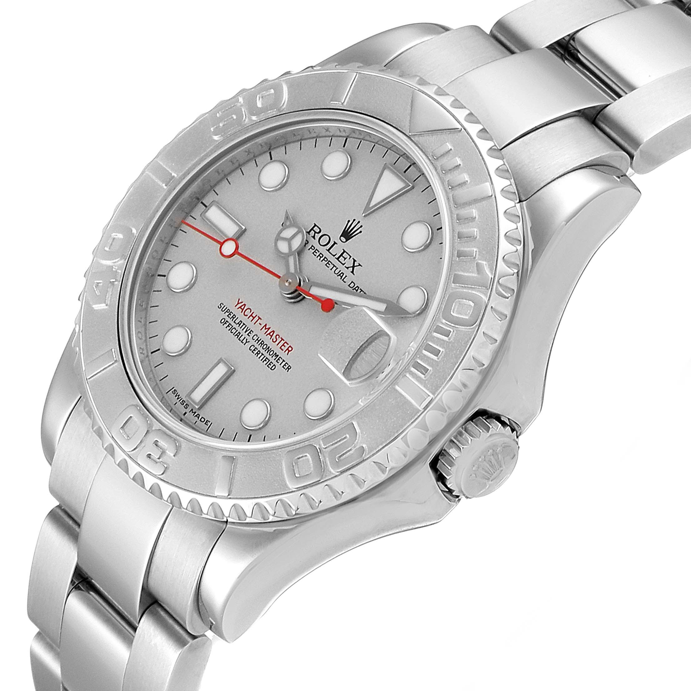The image shows a side angle of the Rolex Yacht-Master 168622 Men
s Stainless Steel Silver Dial 168622 Men
s Stainless Steel Silver Dial watch, highlighting the bezel, dial, and crown.