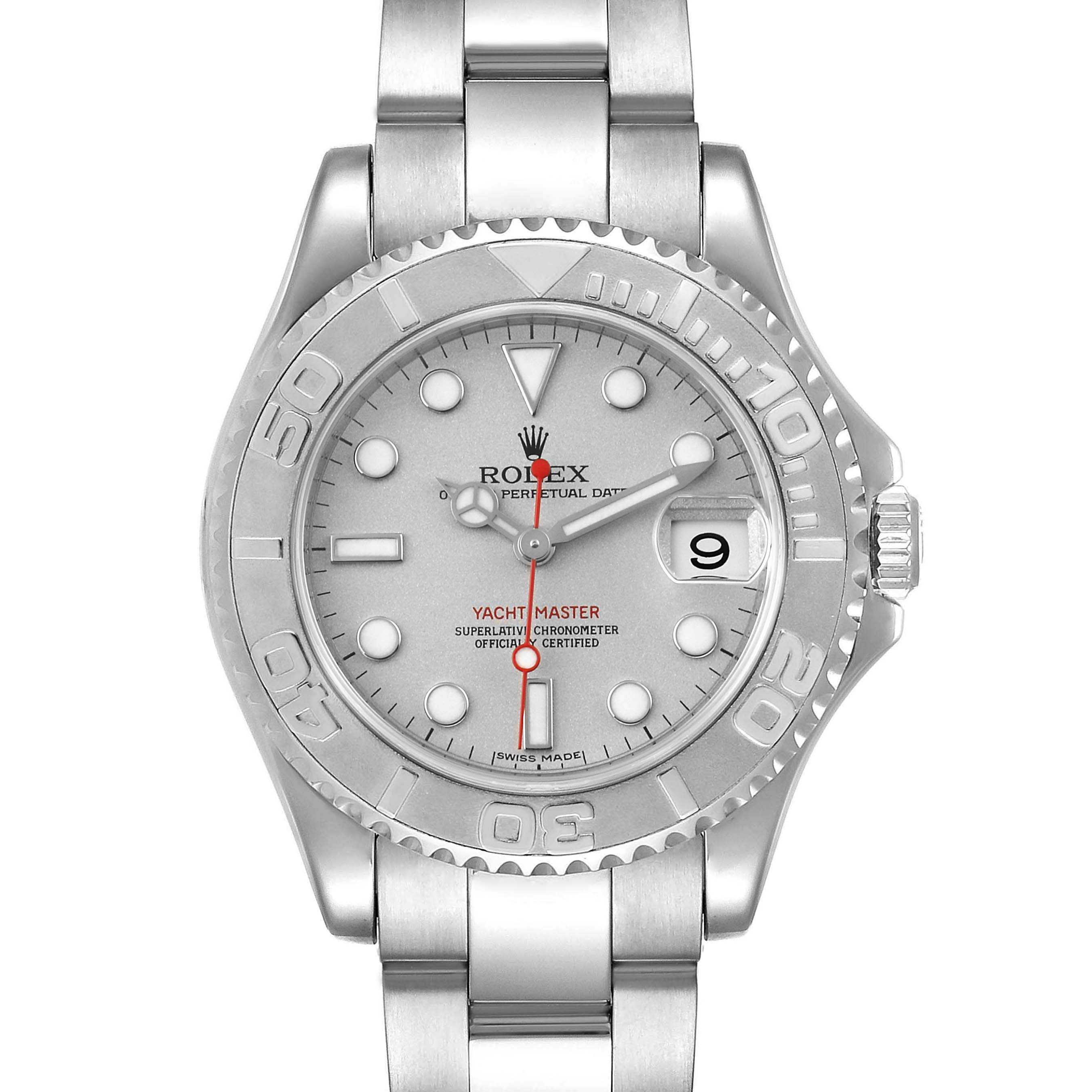 The image shows a front view of the Rolex Yacht-Master 168622 Men
s Stainless Steel Silver Dial 168622 Men
s Stainless Steel Silver Dial watch, displaying its dial, bezel, and part of the bracelet.