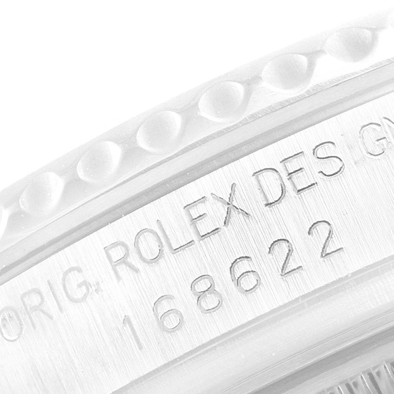 This close-up image shows the engraved bezel and caseback with the model number "168622" of a Rolex Yacht-Master 168622 Men
s Stainless Steel Silver Dial 168622 Men
s Stainless Steel Silver Dial watch.