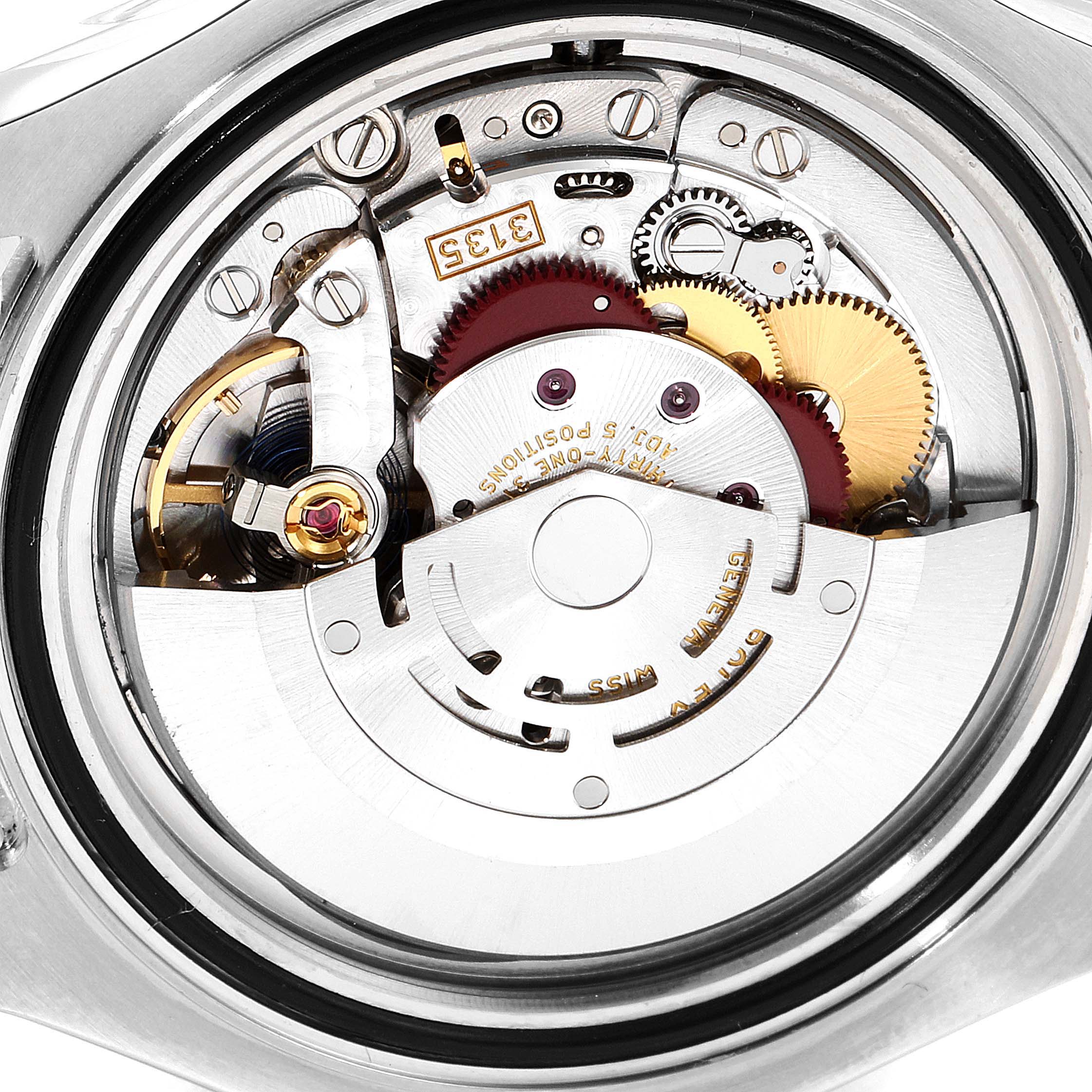 The image shows the movement and intricate internal mechanics of a Rolex Yacht-Master 16623 Men's Steel and Gold (two tone) Blue Dial 16623 Men's Steel and Gold (two tone) Blue Dial watch from a top-down angle.