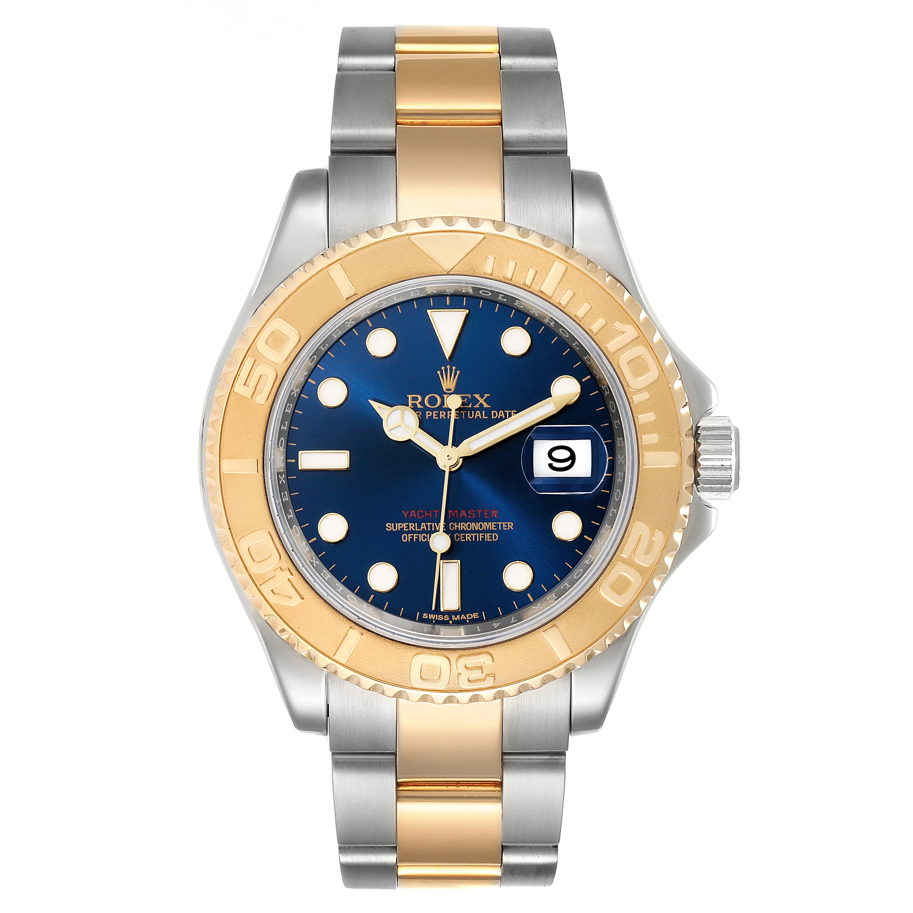 The image showcases a front view of a Rolex Yacht-Master 16623 Men's Steel and Gold (two tone) Blue Dial 16623 Men's Steel and Gold (two tone) Blue Dial watch, highlighting the dial, bezel, case, and bracelet.