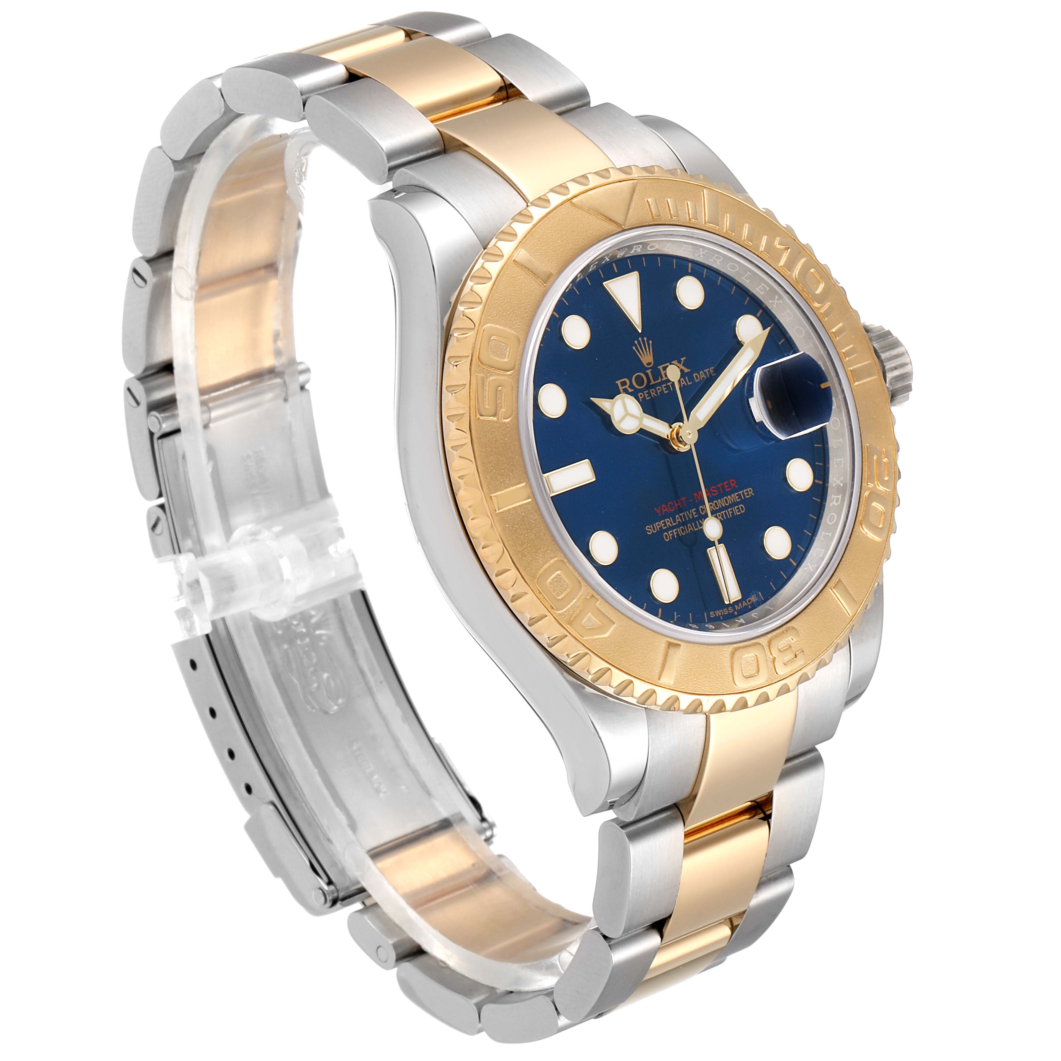 The Rolex Yacht-Master 16623 Men's Steel and Gold (two tone) Blue Dial 16623 Men's Steel and Gold (two tone) Blue Dial watch is shown at an angle that displays the face, bezel, crown, and bracelet.