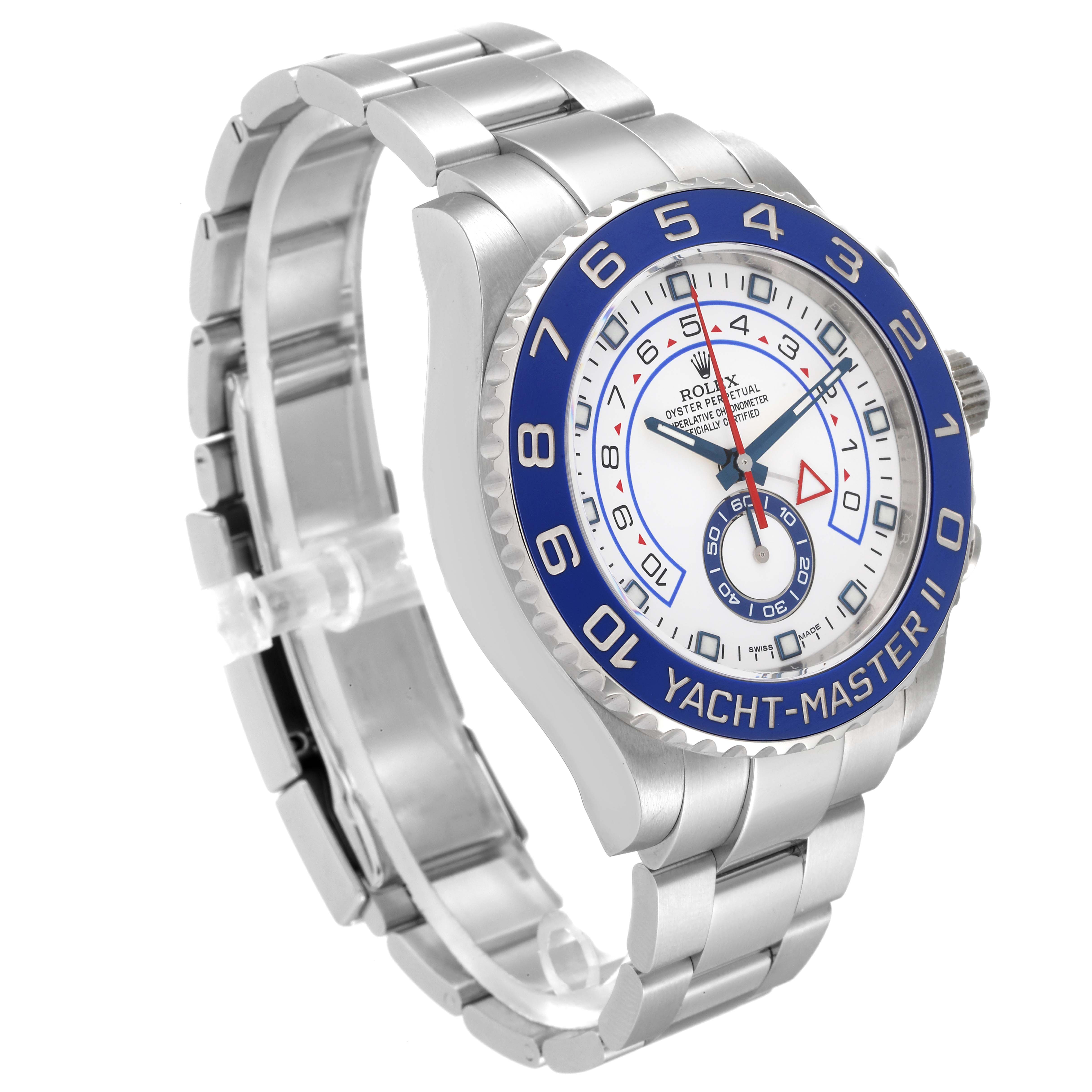 The image shows a side angle of a Rolex Yacht-Master 116680 Men
s Stainless Steel White Dial 116680 Men
s Stainless Steel White Dial II watch, highlighting the face, bezel, and bracelet.