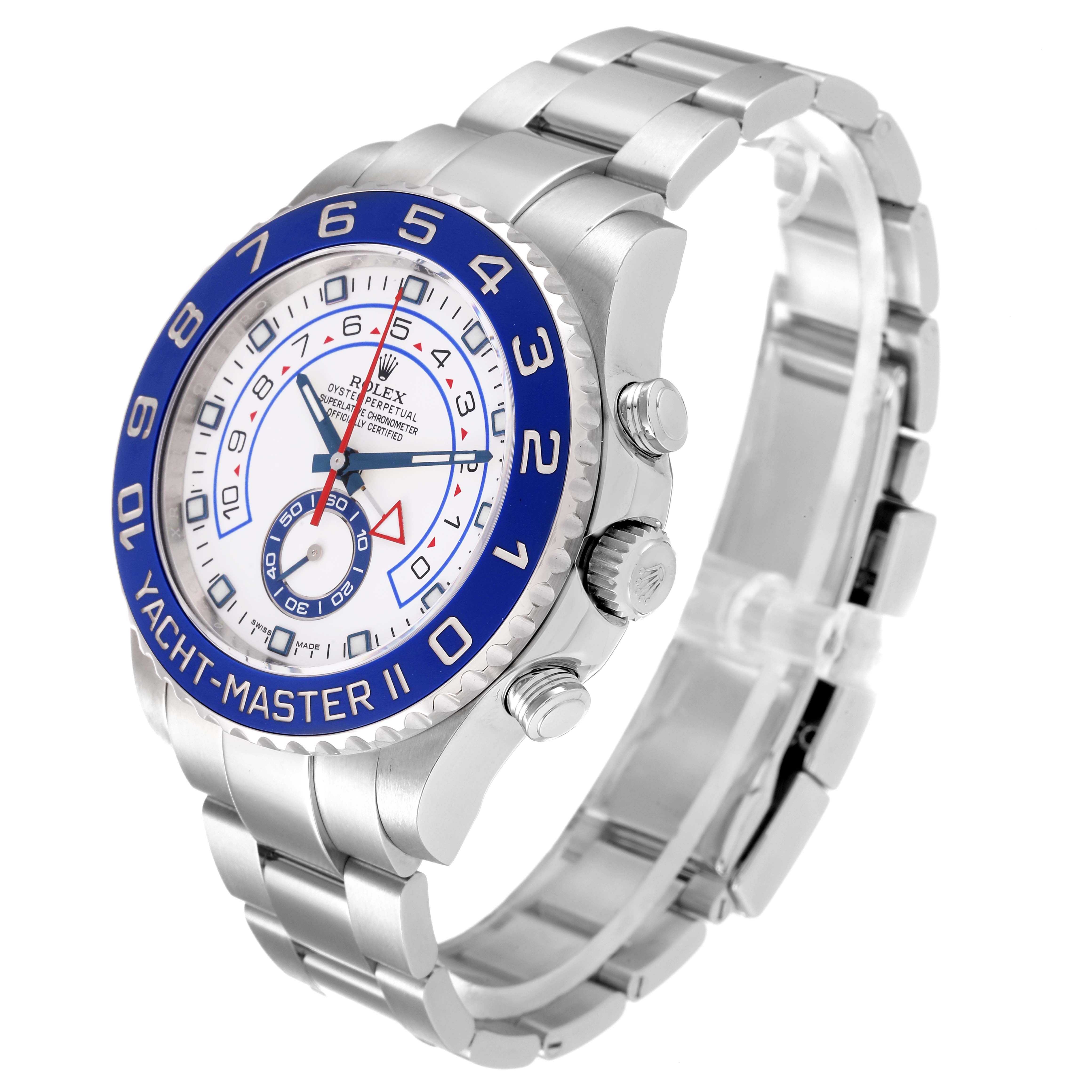 The image shows a Rolex Yacht-Master 116680 Men
s Stainless Steel White Dial 116680 Men
s Stainless Steel White Dial II watch at a three-quarter angle, highlighting the face, bezel, crown, and bracelet.