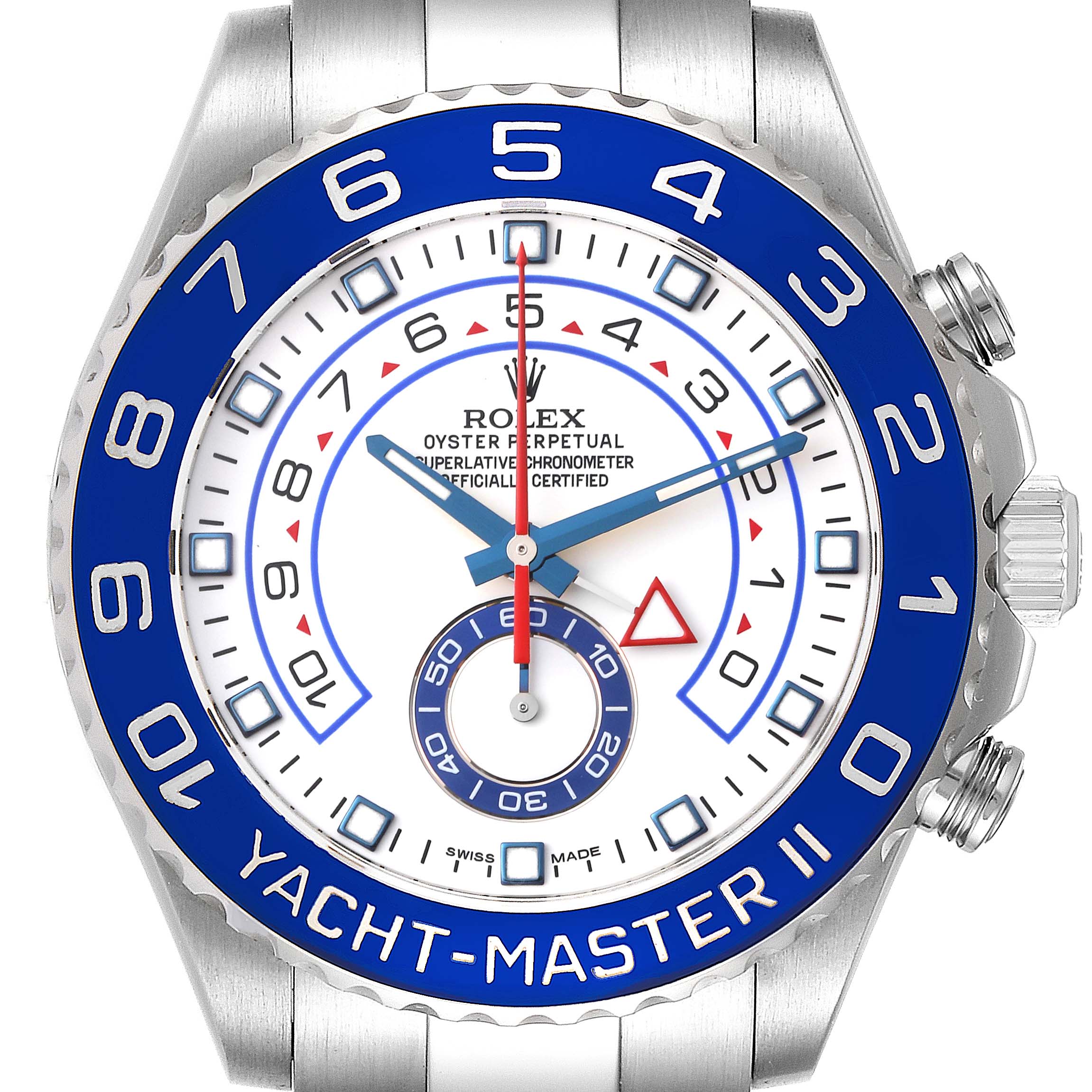 The Yacht-Master model by Rolex is shown from a front angle, highlighting its blue bezel, dial, and crown.