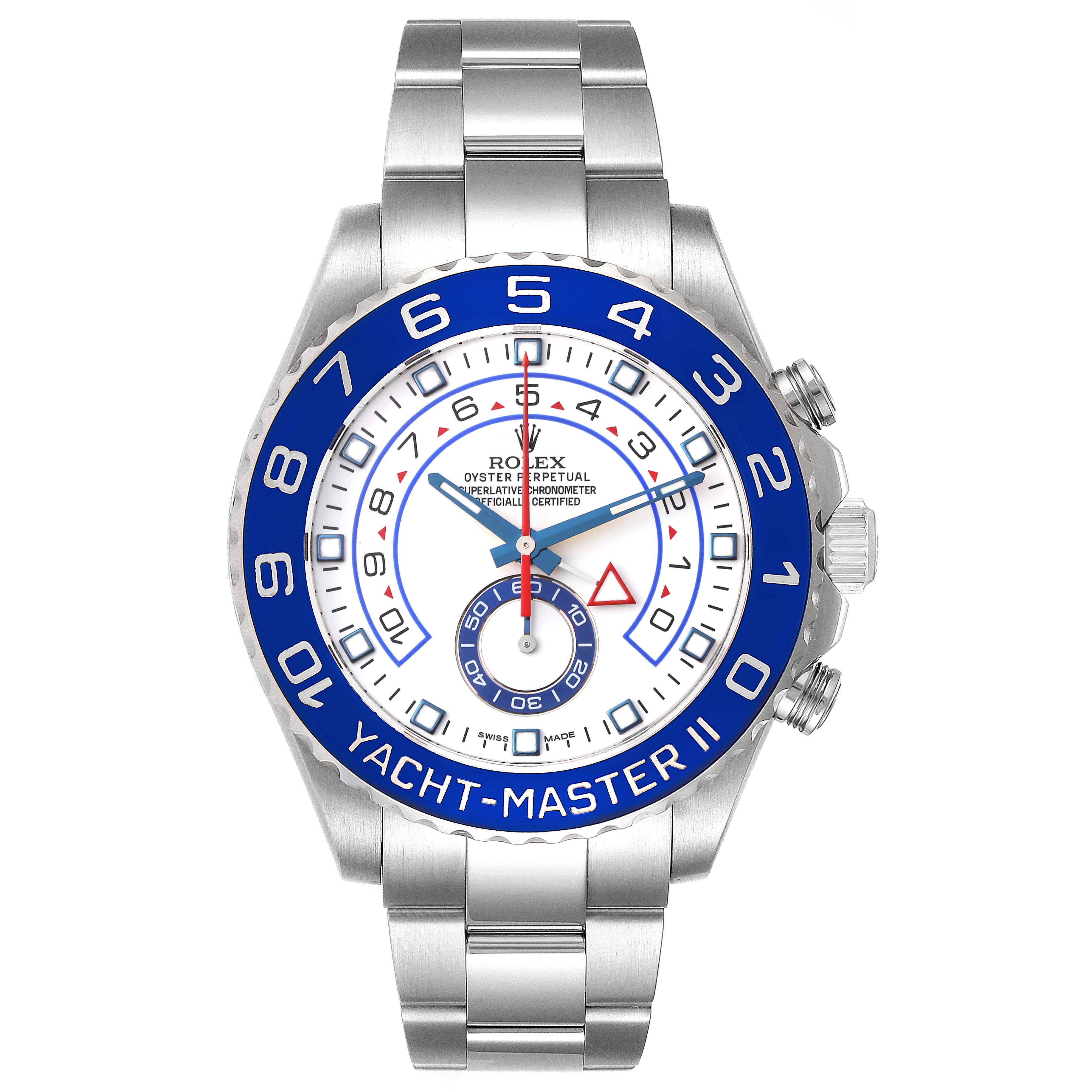 The image shows a front view of the Rolex Yacht-Master 116680 Men
s Stainless Steel White Dial 116680 Men
s Stainless Steel White Dial II, highlighting its dial, bezel, and stainless steel bracelet.