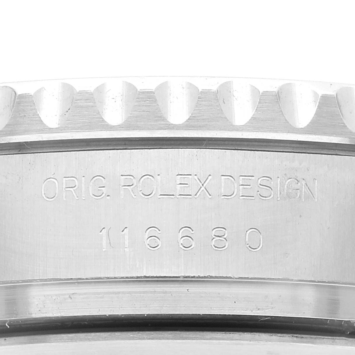 The image shows a close-up of the side case of a Rolex Yacht-Master 116680 Men
s Stainless Steel White Dial 116680 Men
s Stainless Steel White Dial watch, highlighting the model
s engraving.