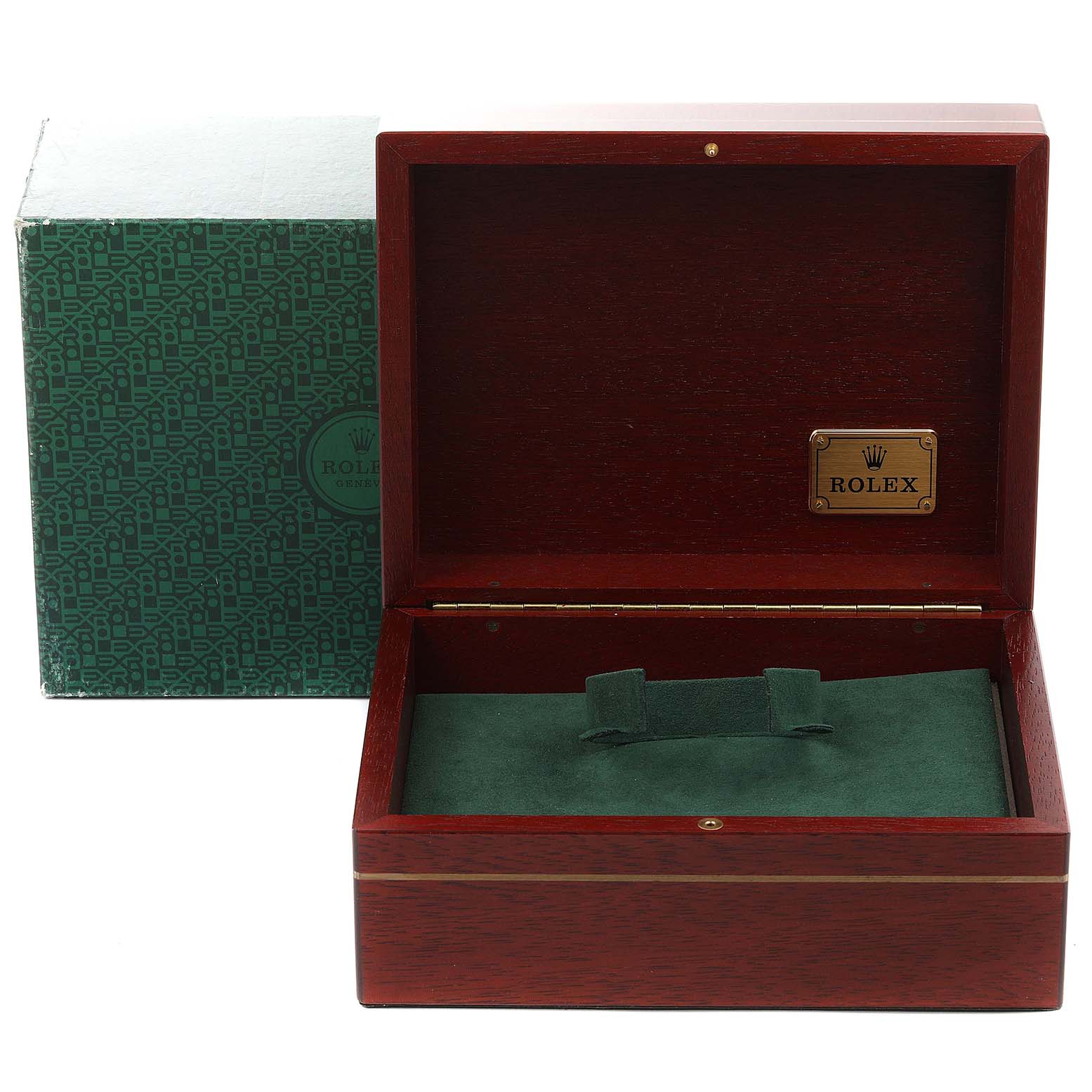 The image shows an open Yacht-Master model Rolex watch box and its outer green packaging.
