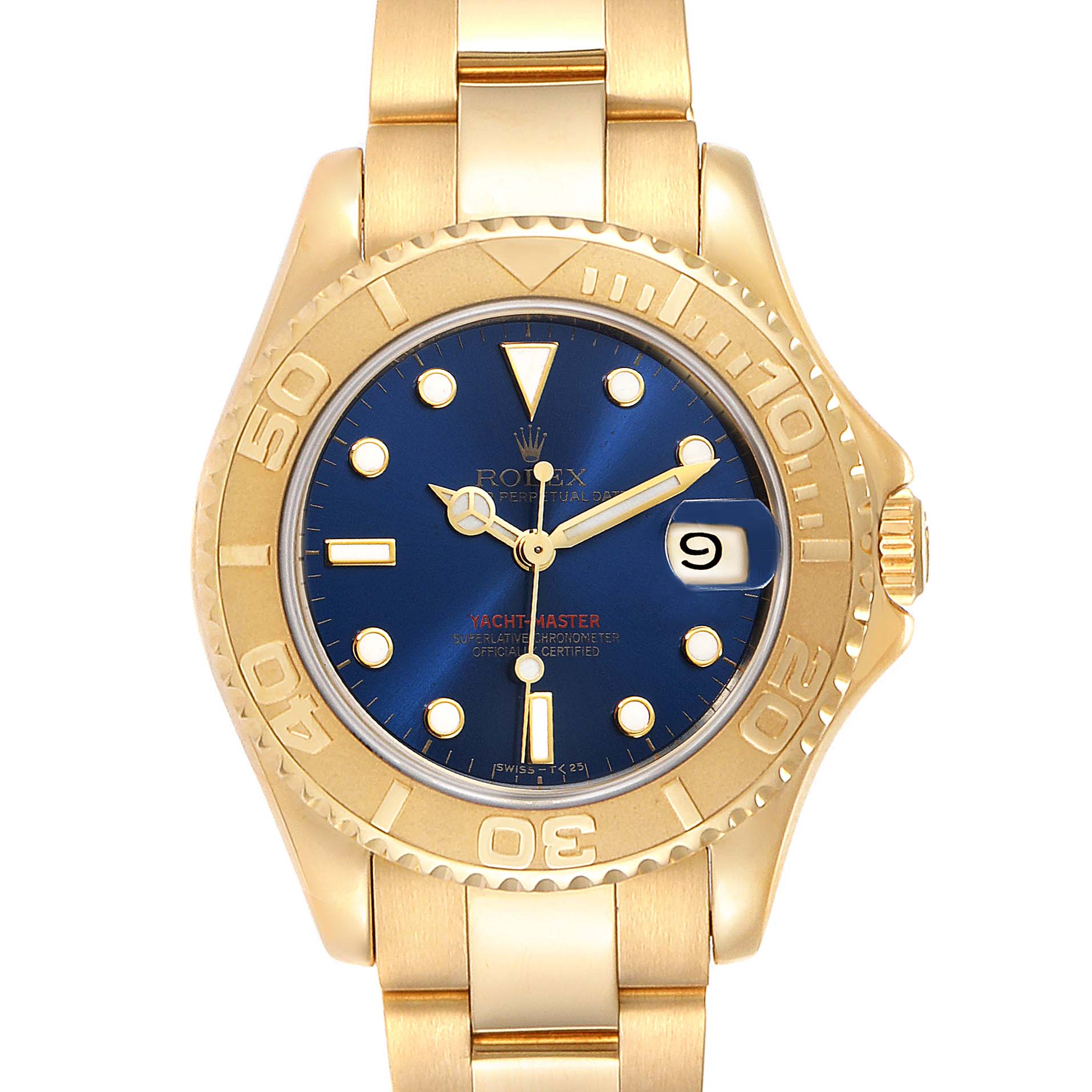 This image shows a front view of a Rolex Yacht-Master 68628 Men
s Yellow Gold Blue Dial 68628 Men
s Yellow Gold Blue Dial watch, featuring a gold bezel and a blue dial.