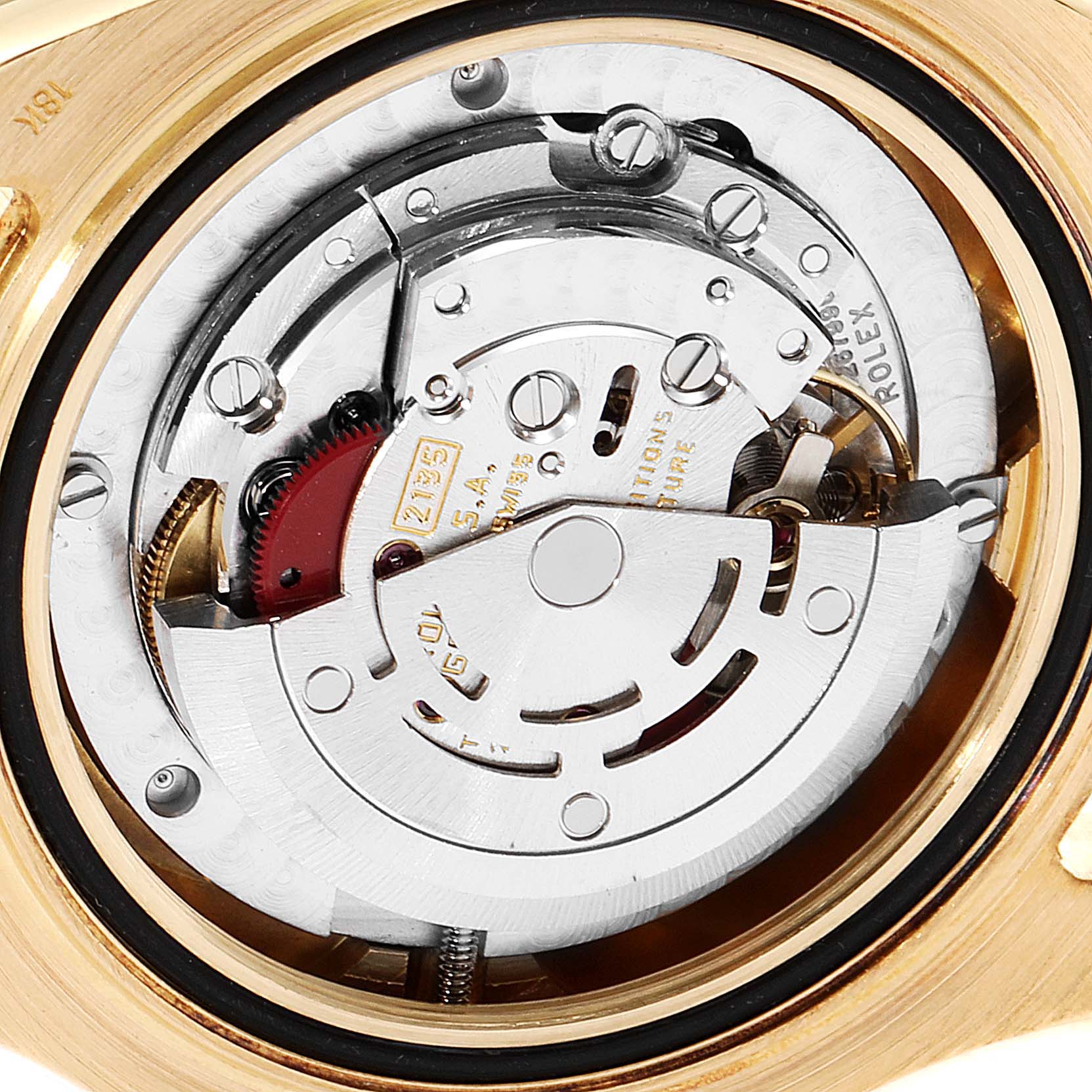 The image shows a close-up of the Rolex Yacht-Master 68628 Men
s Yellow Gold Blue Dial 68628 Men
s Yellow Gold Blue Dial watch
s internal movement mechanism.