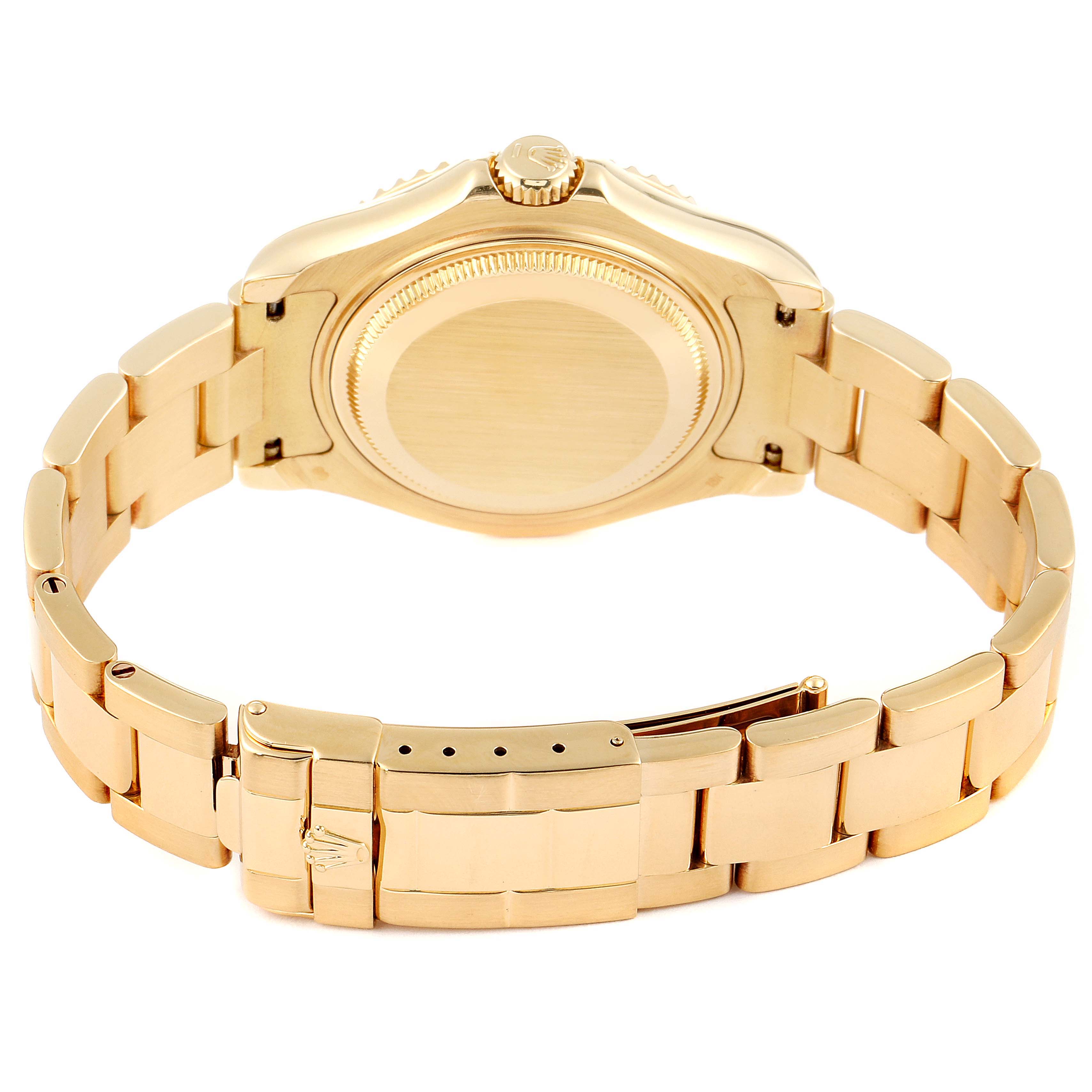 This image shows the back case and bracelet of the Rolex Yacht-Master 68628 Men
s Yellow Gold Blue Dial 68628 Men
s Yellow Gold Blue Dial watch, captured from the rear angle.