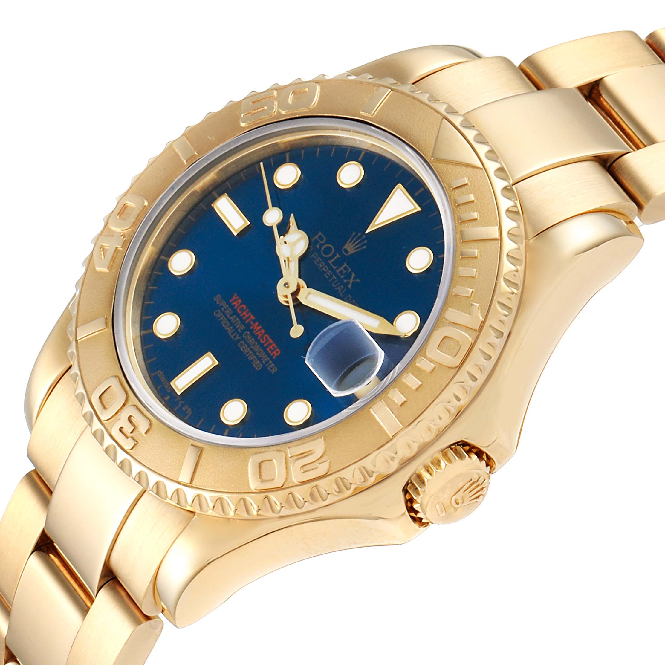 The image shows a side and partial front view of a Rolex Yacht-Master 68628 Men
s Yellow Gold Blue Dial 68628 Men
s Yellow Gold Blue Dial watch, featuring its golden case, blue dial, and crown.