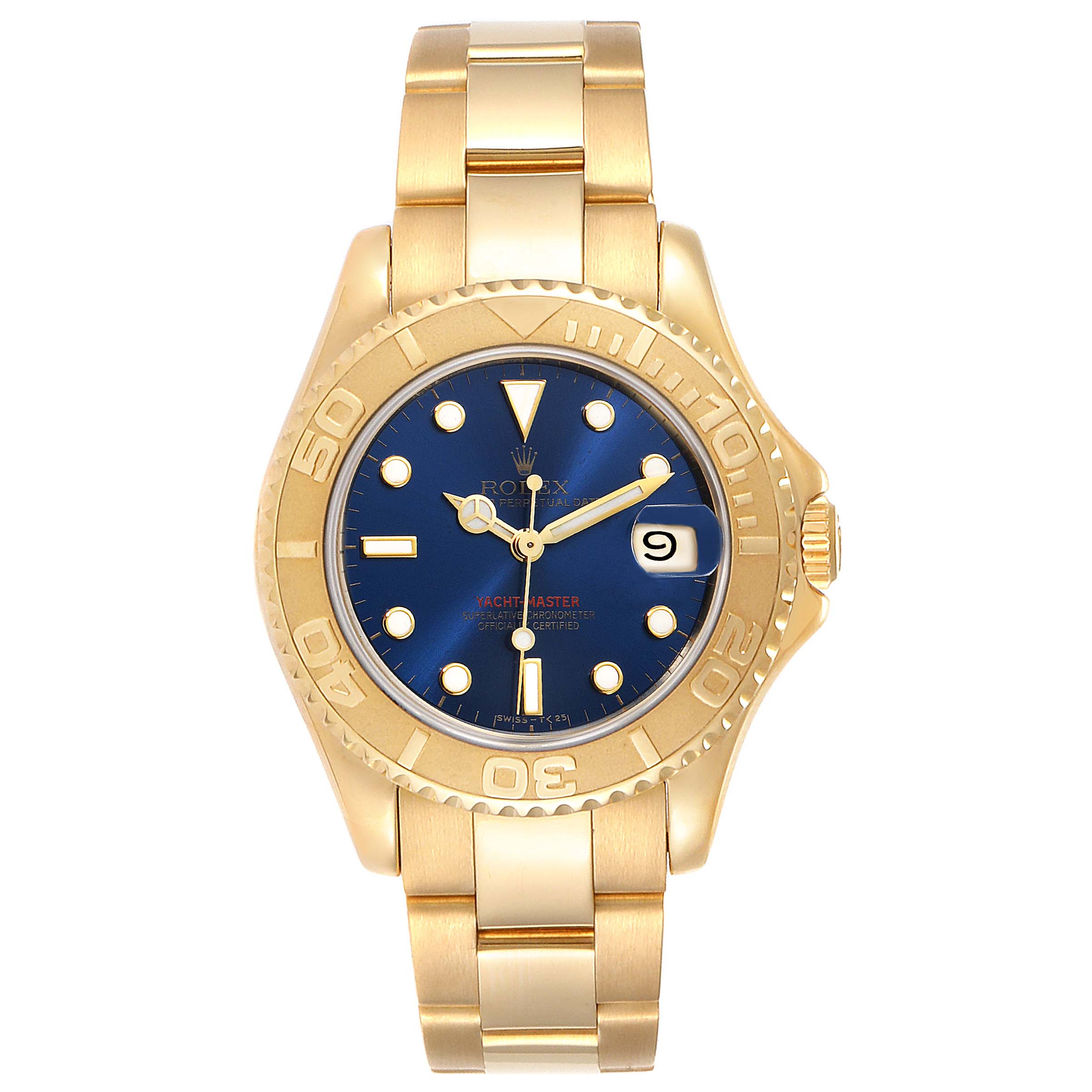 The image shows a front view of a gold Rolex Yacht-Master 68628 Men
s Yellow Gold Blue Dial 68628 Men
s Yellow Gold Blue Dial watch, displaying its blue dial, bezel, and bracelet.