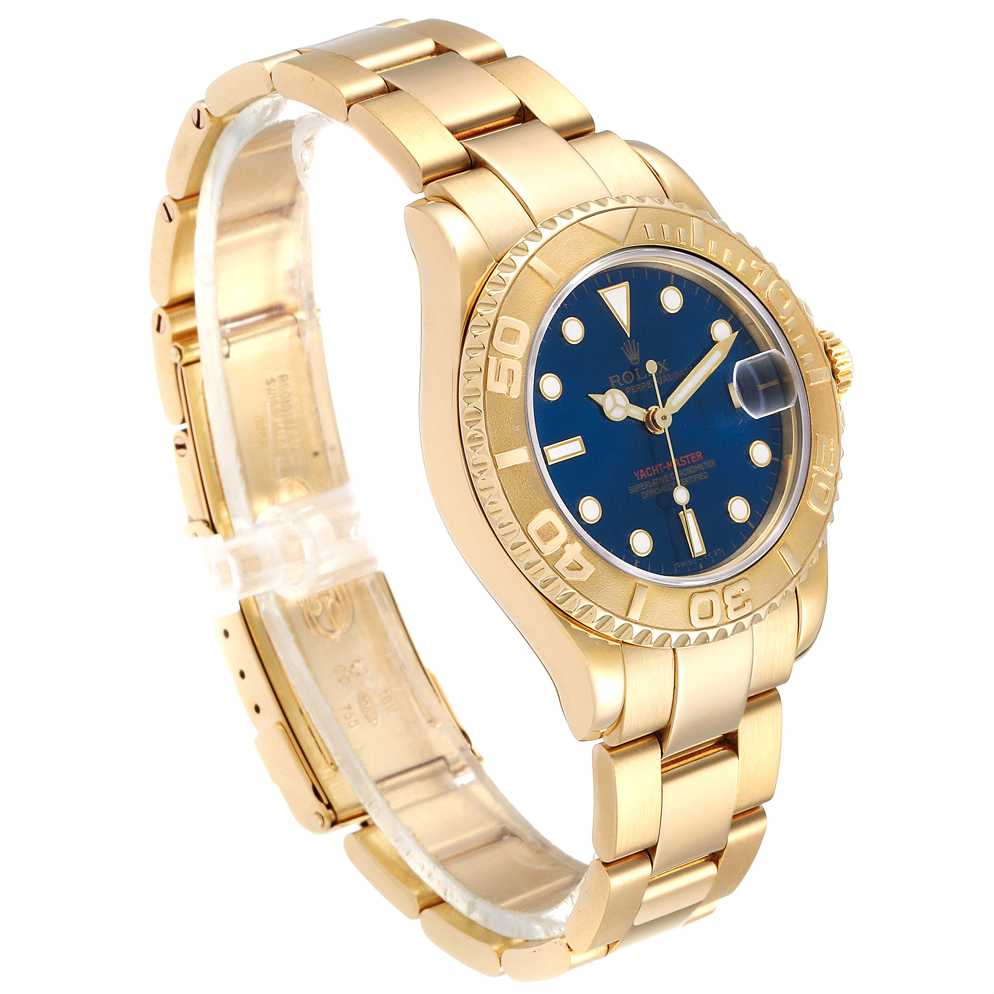 This is a side view of a Rolex Yacht-Master 68628 Men
s Yellow Gold Blue Dial 68628 Men
s Yellow Gold Blue Dial watch, showing the bracelet, case, bezel, dial, and crown.