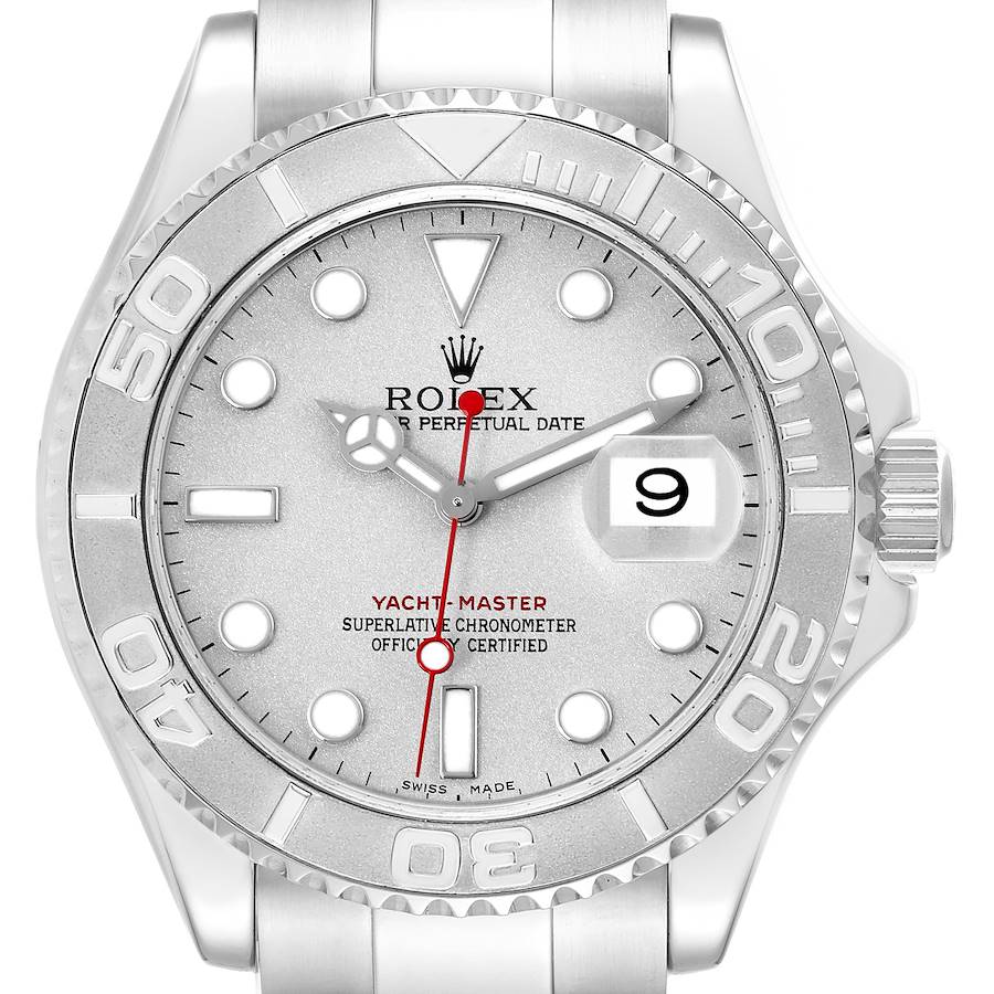 The image shows a frontal view of the Rolex Yacht-Master watch, highlighting the bezel, dial, and date window.