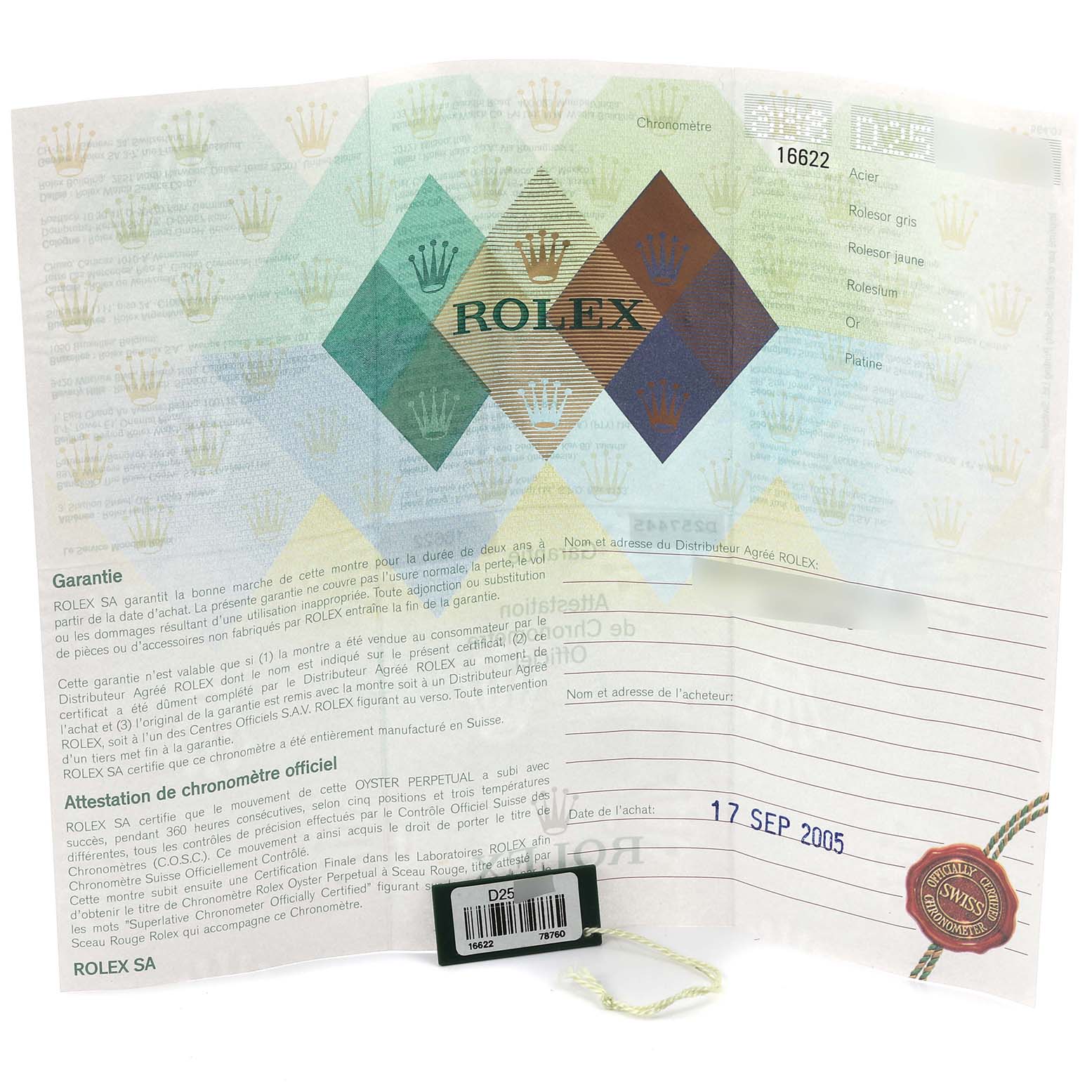 The image shows warranty and certification documents for the Rolex Yacht-Master 16622 Men's Stainless Steel Silver Dial 16622 Men's Stainless Steel Silver Dial watch.