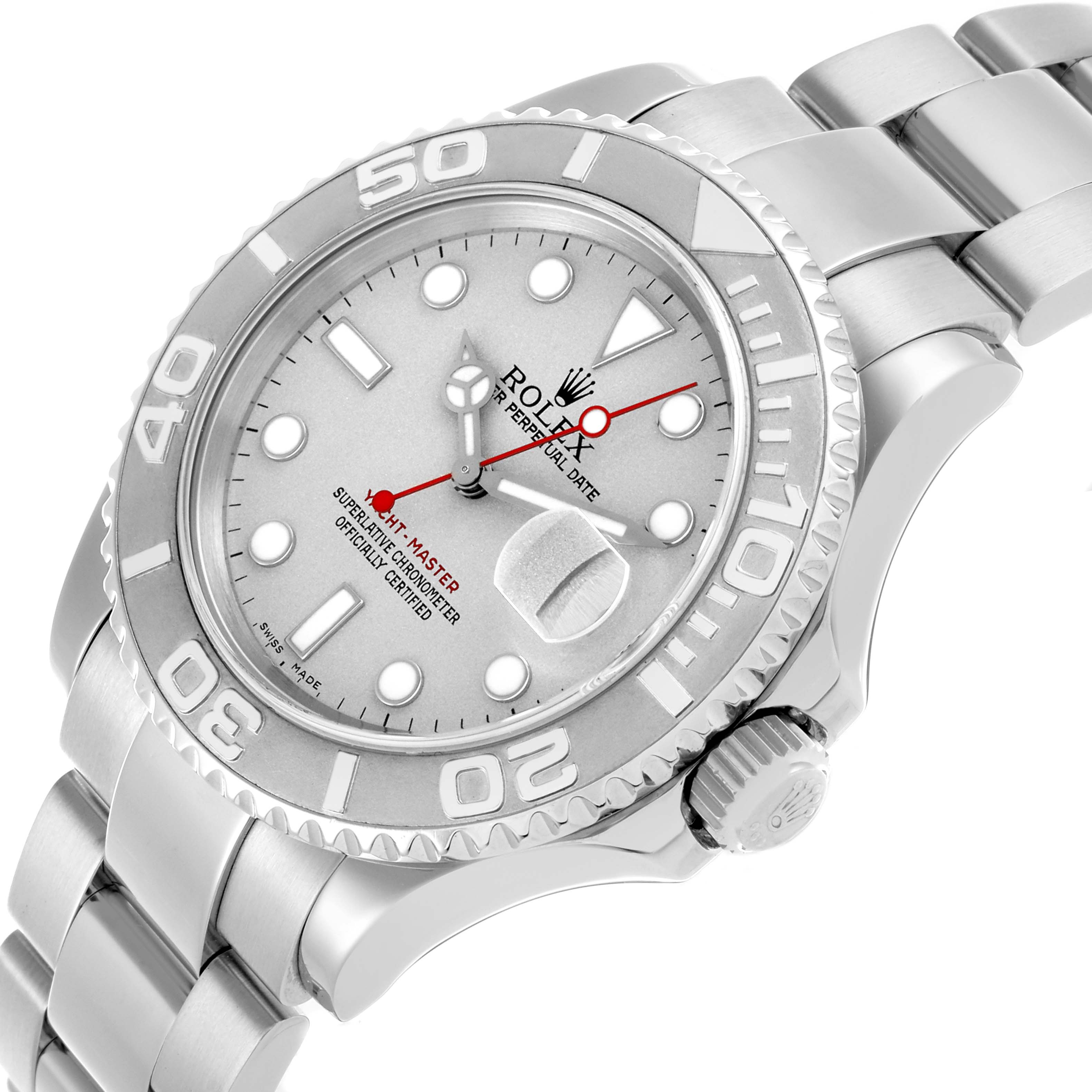 The Rolex Yacht-Master 16622 Men's Stainless Steel Silver Dial 16622 Men's Stainless Steel Silver Dial is shown at an angled view highlighting the bezel, dial, crown, and part of the bracelet.