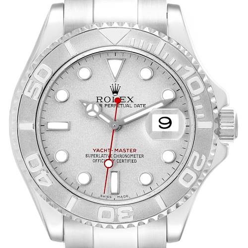 The Rolex Yacht-Master watch is shown from the front, highlighting the dial, hands, bezel, and date window.