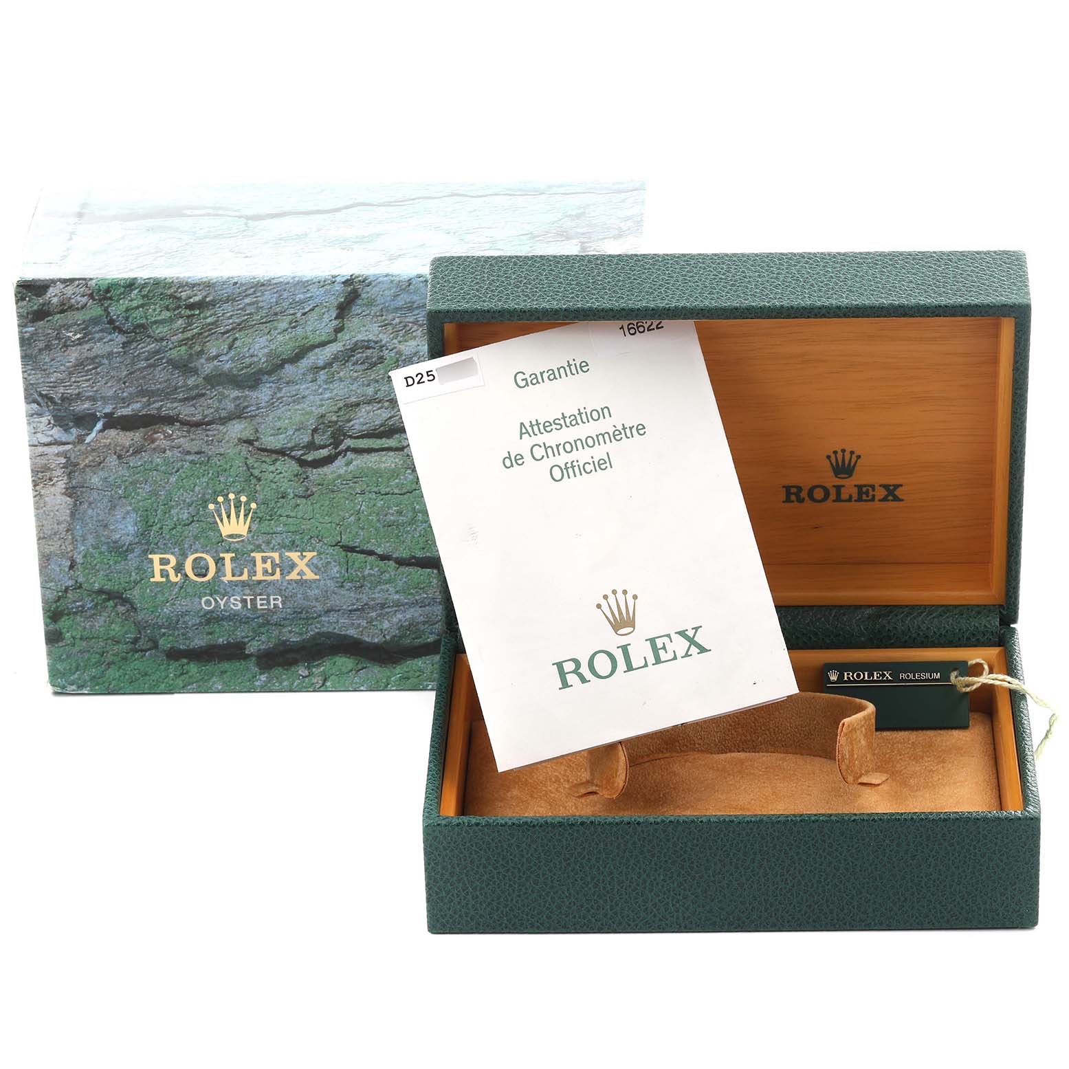 The image shows a Rolex Yacht-Master 16622 Men's Stainless Steel Silver Dial 16622 Men's Stainless Steel Silver Dial watch box, open at an angle, with a warranty card and tag visible.