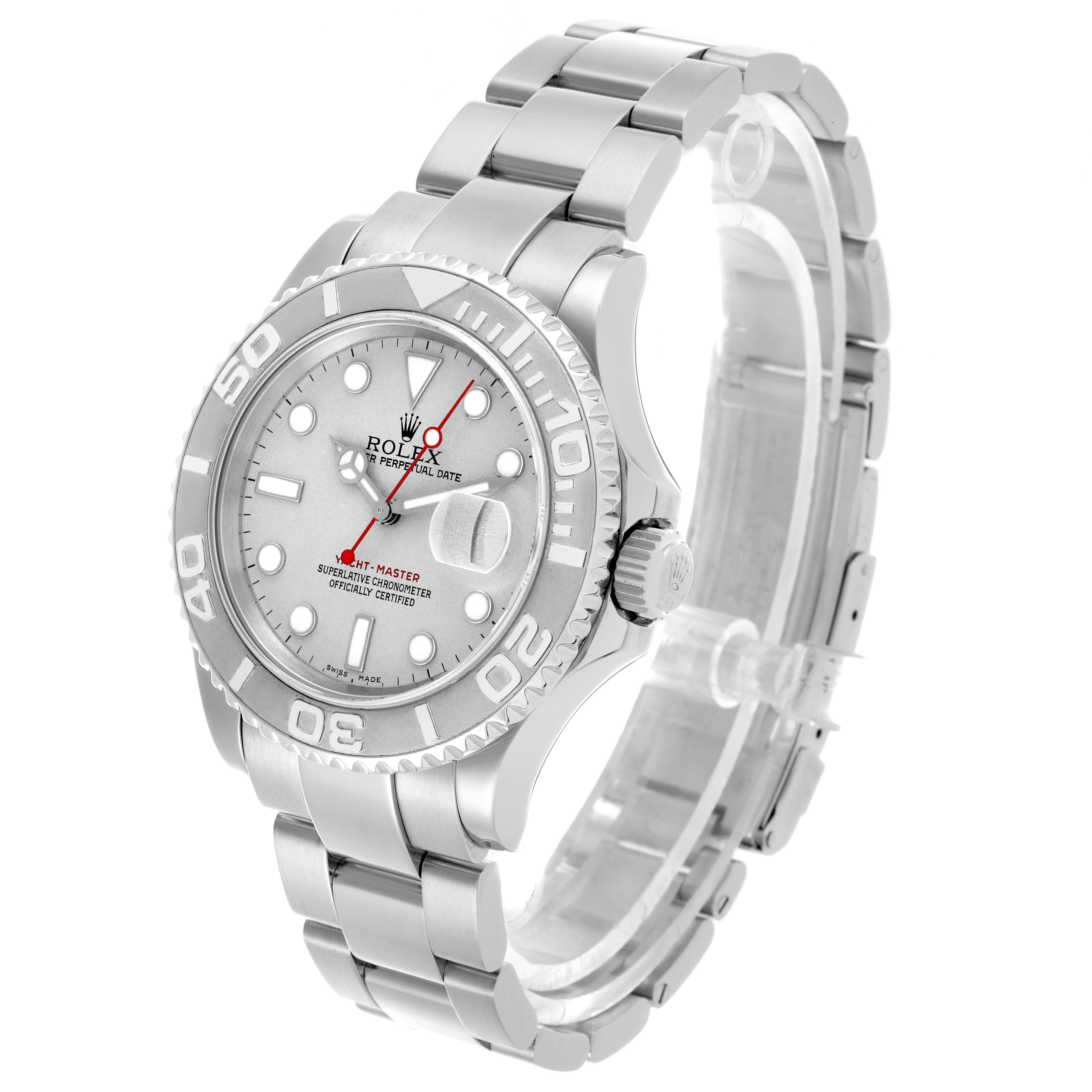 The Rolex Yacht-Master 16622 Men's Stainless Steel Silver Dial 16622 Men's Stainless Steel Silver Dial watch is shown at a three-quarter angle displaying the face, bezel, and bracelet.