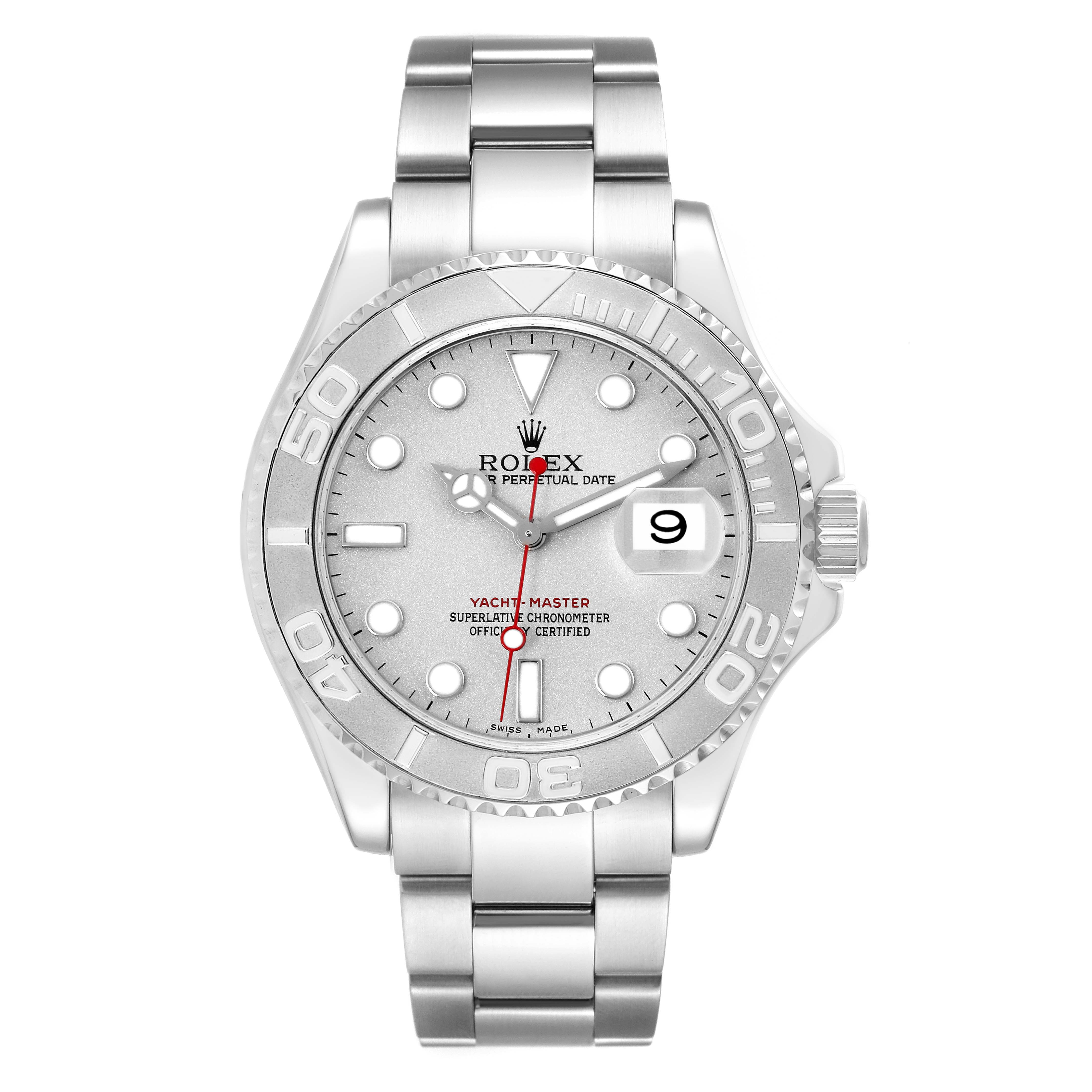 The Rolex Yacht-Master 16622 Men's Stainless Steel Silver Dial 16622 Men's Stainless Steel Silver Dial watch is shown from a front view, displaying the face, bezel, and bracelet.