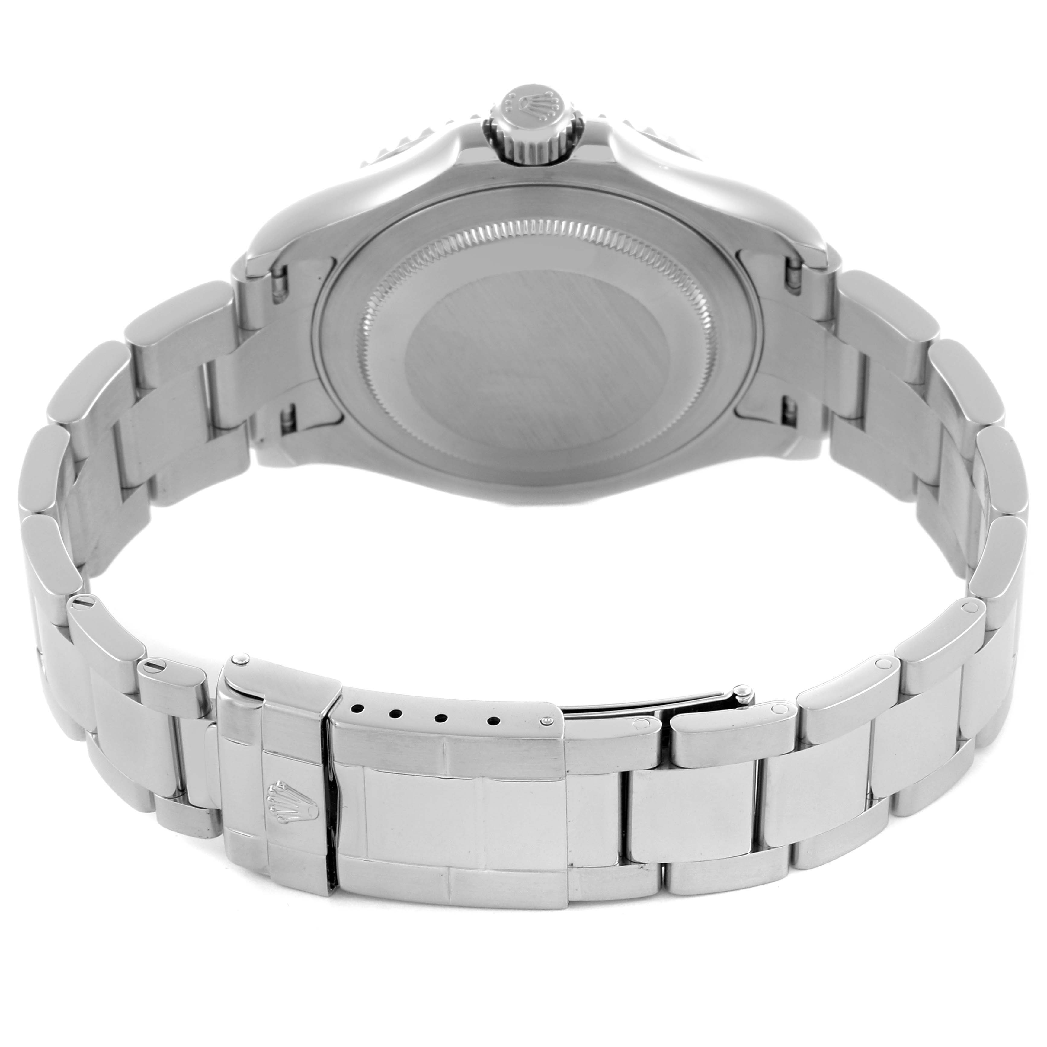The image shows the back view of the Rolex Yacht-Master 16622 Men's Stainless Steel Silver Dial 16622 Men's Stainless Steel Silver Dial, highlighting the caseback and bracelet with the clasp.