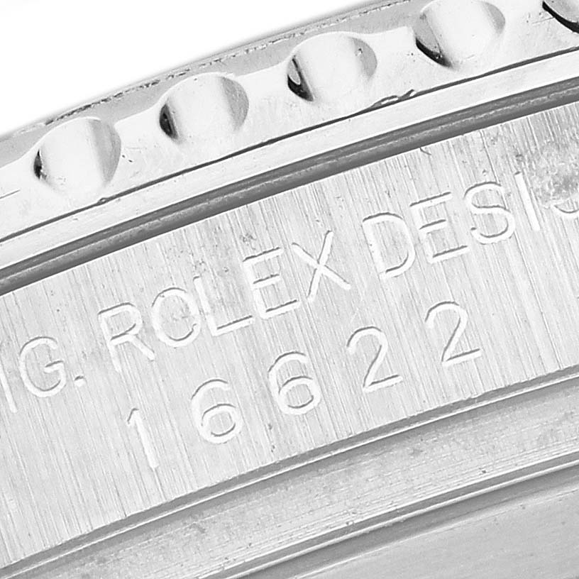 The image shows a close-up of the engraved model number and inner bezel of the Rolex Yacht-Master 16622 Men's Stainless Steel Silver Dial 16622 Men's Stainless Steel Silver Dial watch.