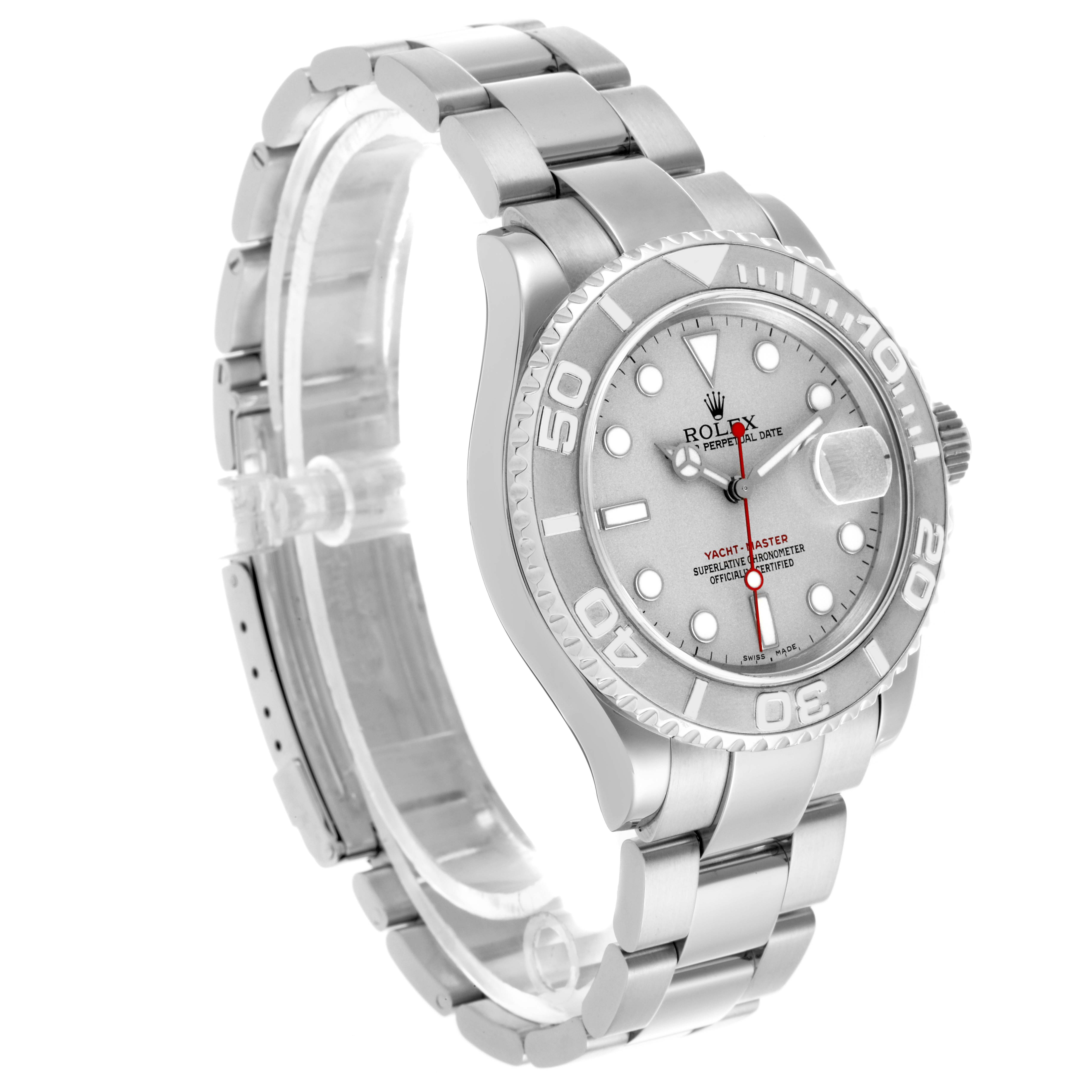 The Rolex Yacht-Master 16622 Men's Stainless Steel Silver Dial 16622 Men's Stainless Steel Silver Dial watch is shown at a three-quarter angle, displaying the face, bezel, and bracelet.