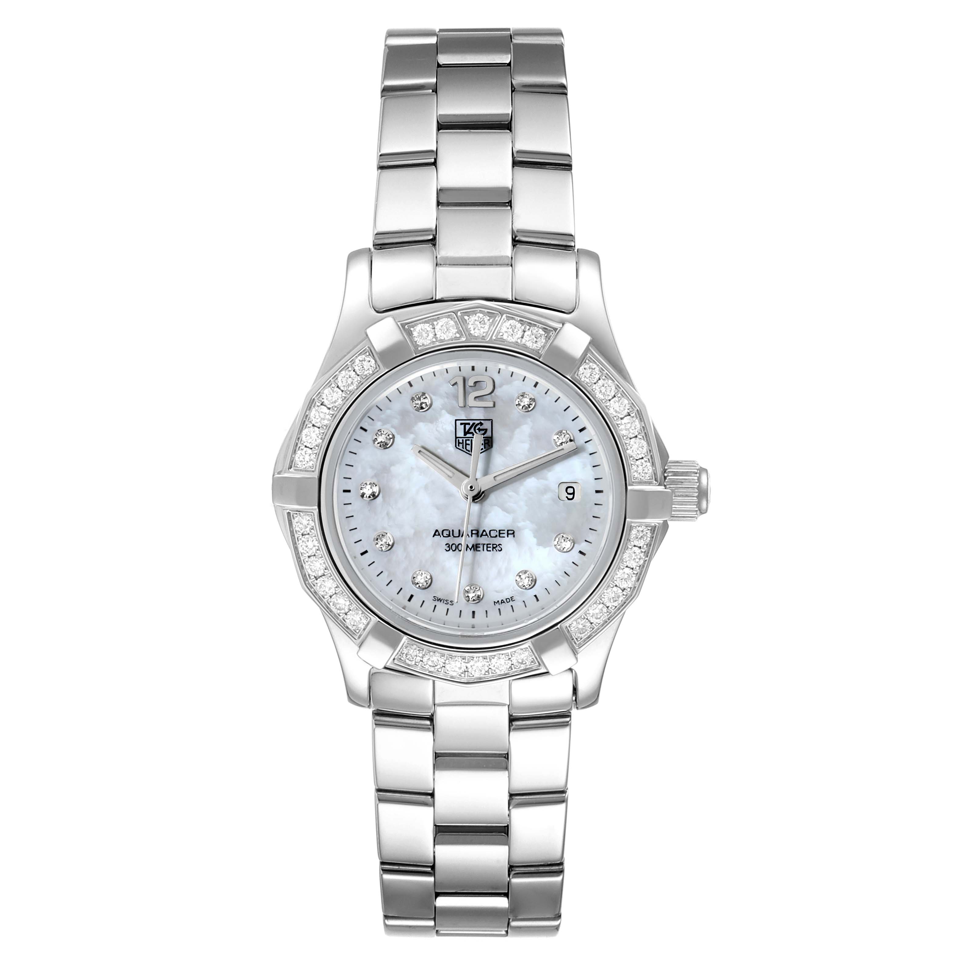 The image shows the front view of a Tag Heuer Aquaracer WAF1416.BA0824 Women
s Stainless Steel Mother of Pearl Dial WAF1416.BA0824 Women
s Stainless Steel Mother of Pearl Dial watch, highlighting the dial, bezel, and bracelet.