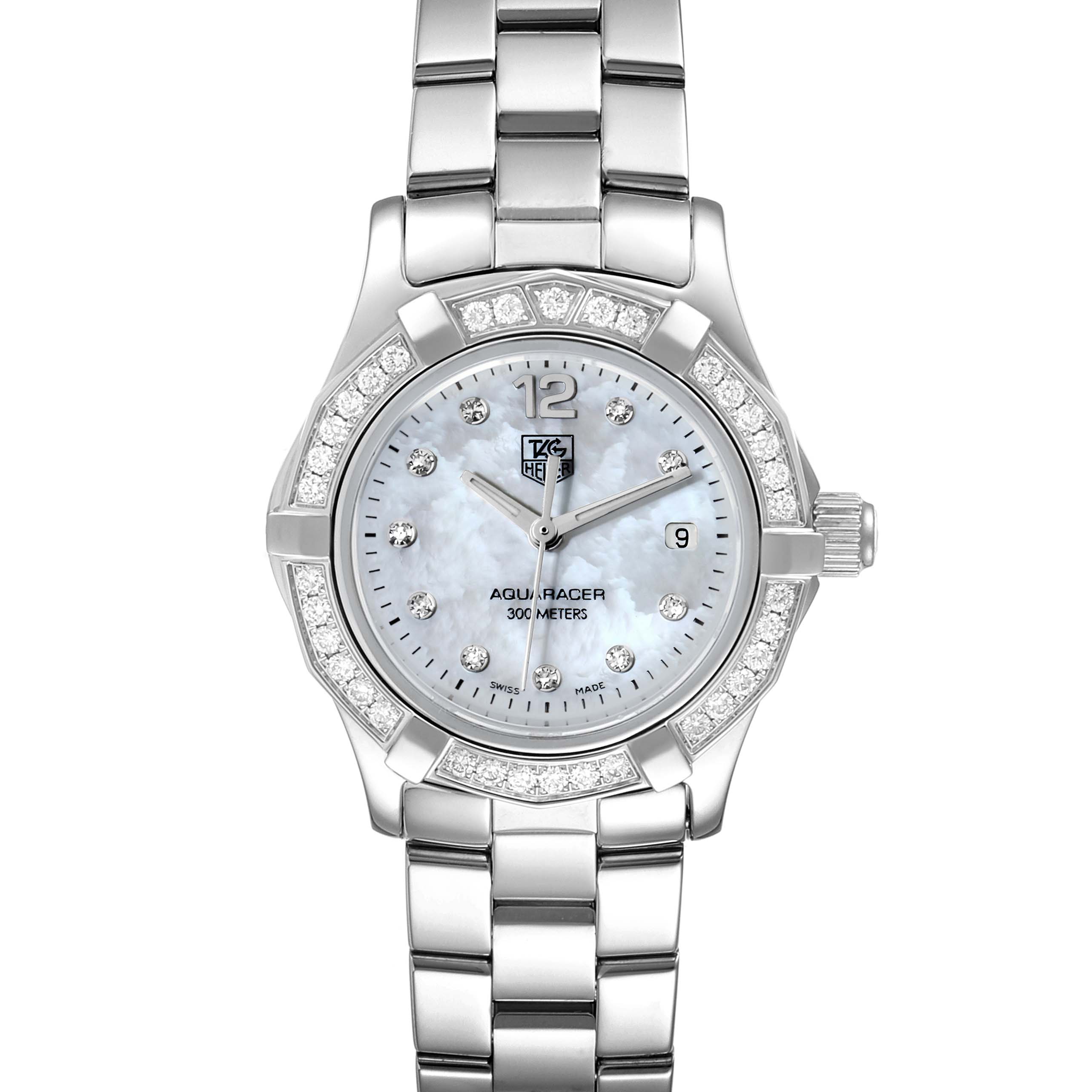 This image shows a front view of a Tag Heuer Aquaracer WAF1416.BA0824 Women
s Stainless Steel Mother of Pearl Dial WAF1416.BA0824 Women
s Stainless Steel Mother of Pearl Dial watch with a silver bracelet, mother-of-pearl dial, and diamond accents.