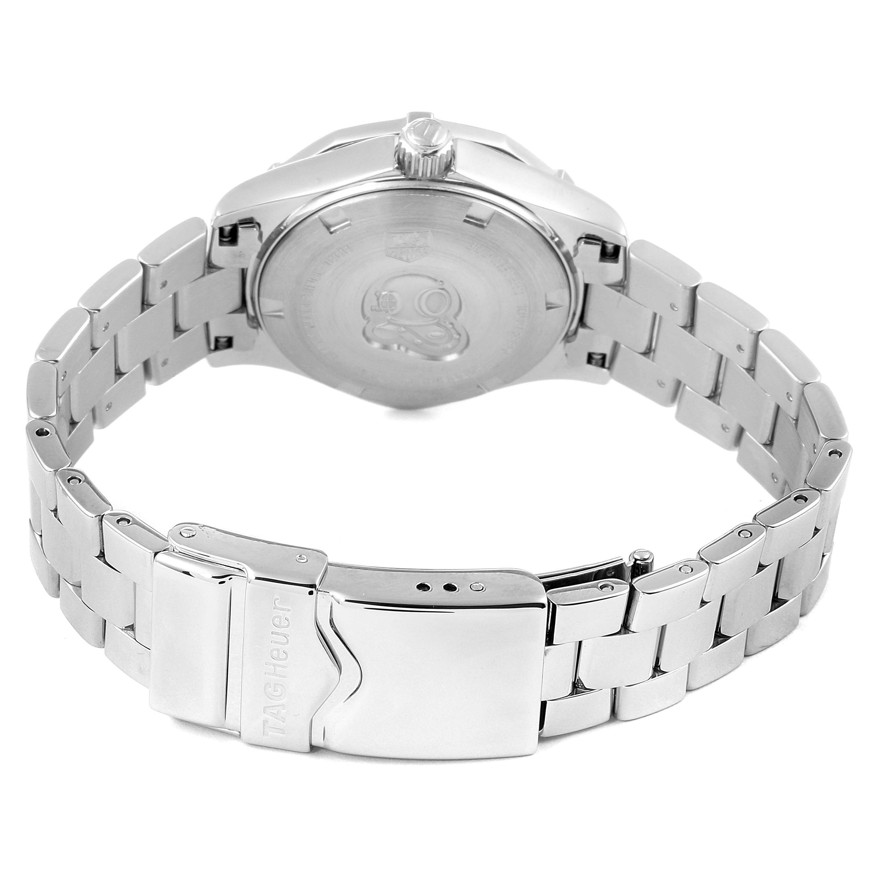 The image shows the back view of the Tag Heuer Aquaracer WAF1416.BA0824 Women
s Stainless Steel Mother of Pearl Dial WAF1416.BA0824 Women
s Stainless Steel Mother of Pearl Dial watch, highlighting its clasp and bracelet.