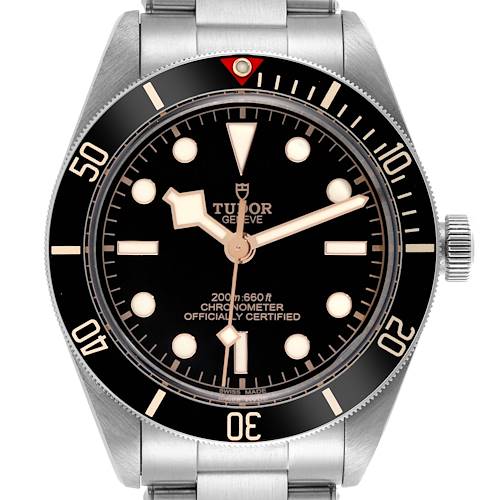 The Tudor Heritage Black Bay watch is shown front-facing, displaying the dial, bezel, crown, and part of the bracelet.