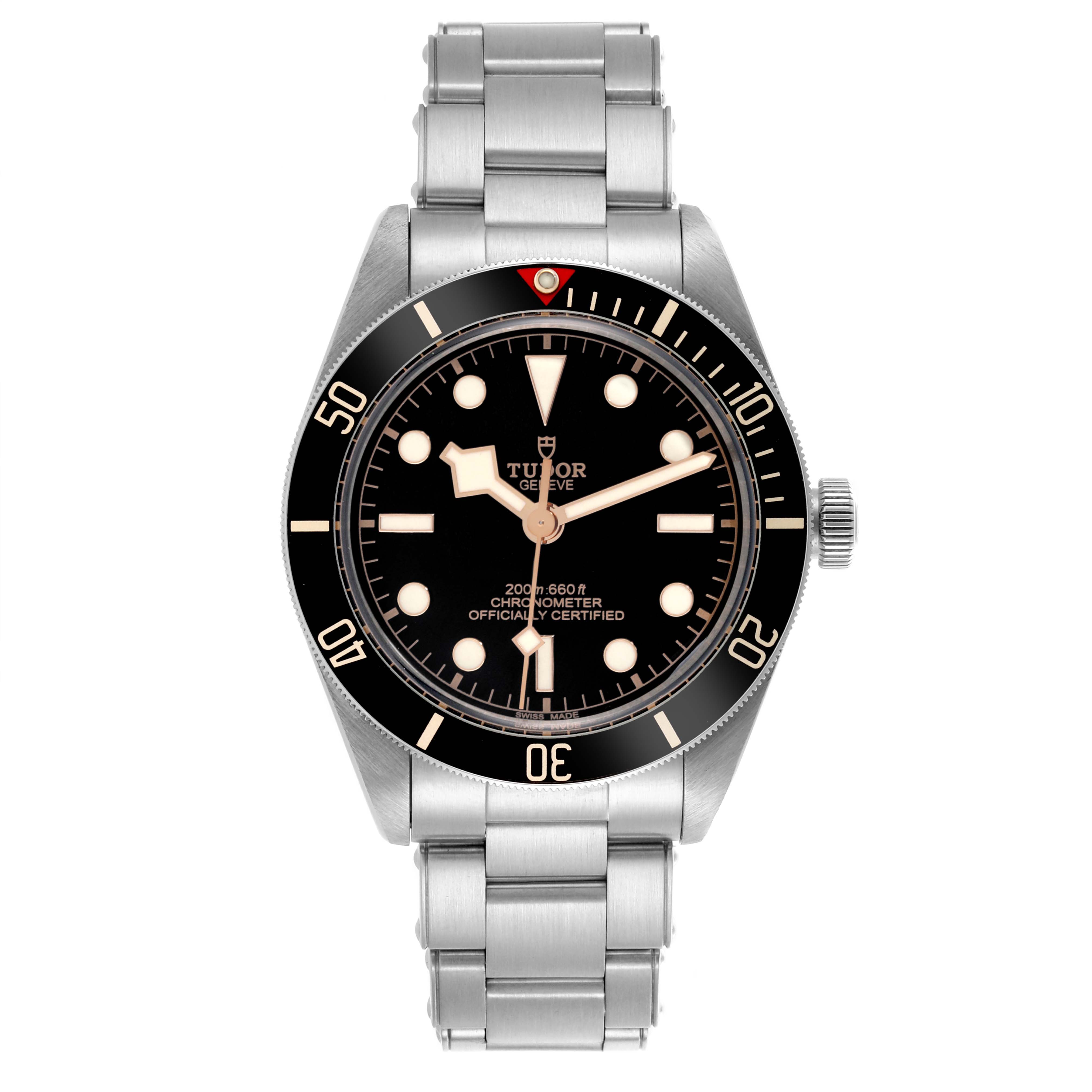 The image shows a front view of the Tudor Heritage Black Bay 79030N Men's Stainless Steel Black Dial 79030N Men's Stainless Steel Black Dial watch, highlighting its face, bezel, and bracelet.