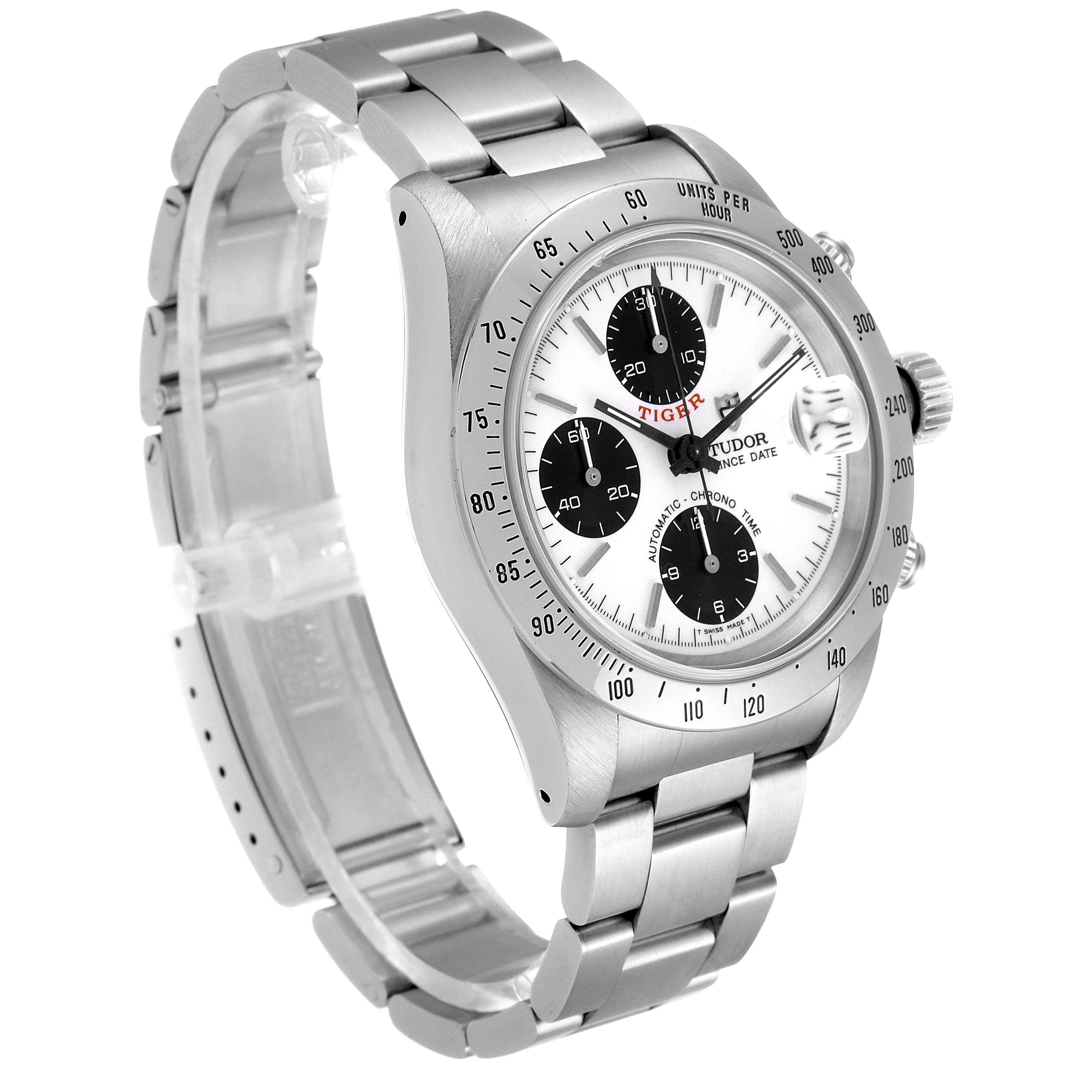 The Tudor Prince watch model is shown at a three-quarter angle, displaying the face, bezel, three subdials, crown, and stainless steel bracelet.