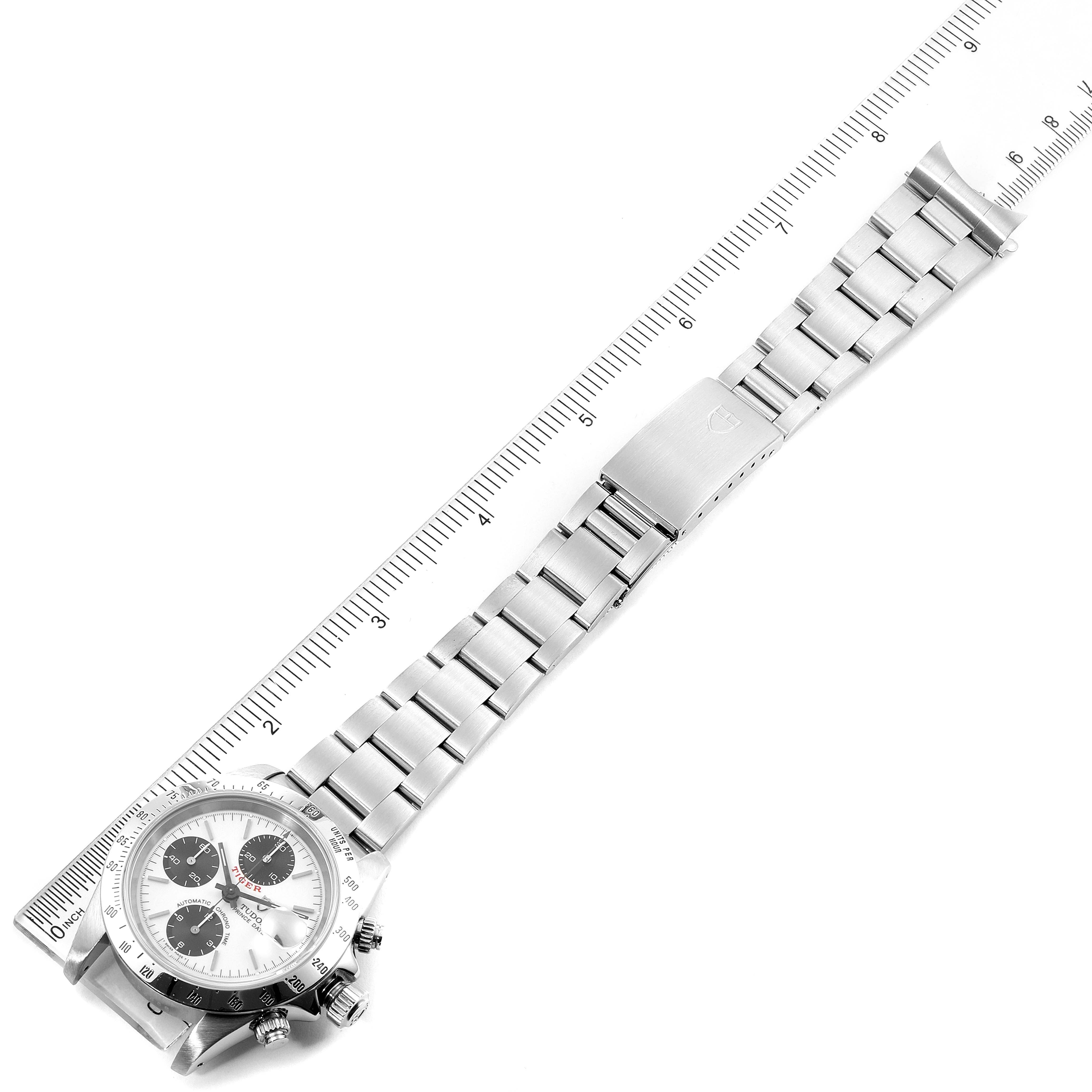 The image shows a Tudor Prince watch with a full metal bracelet laid flat and a ruler for reference.