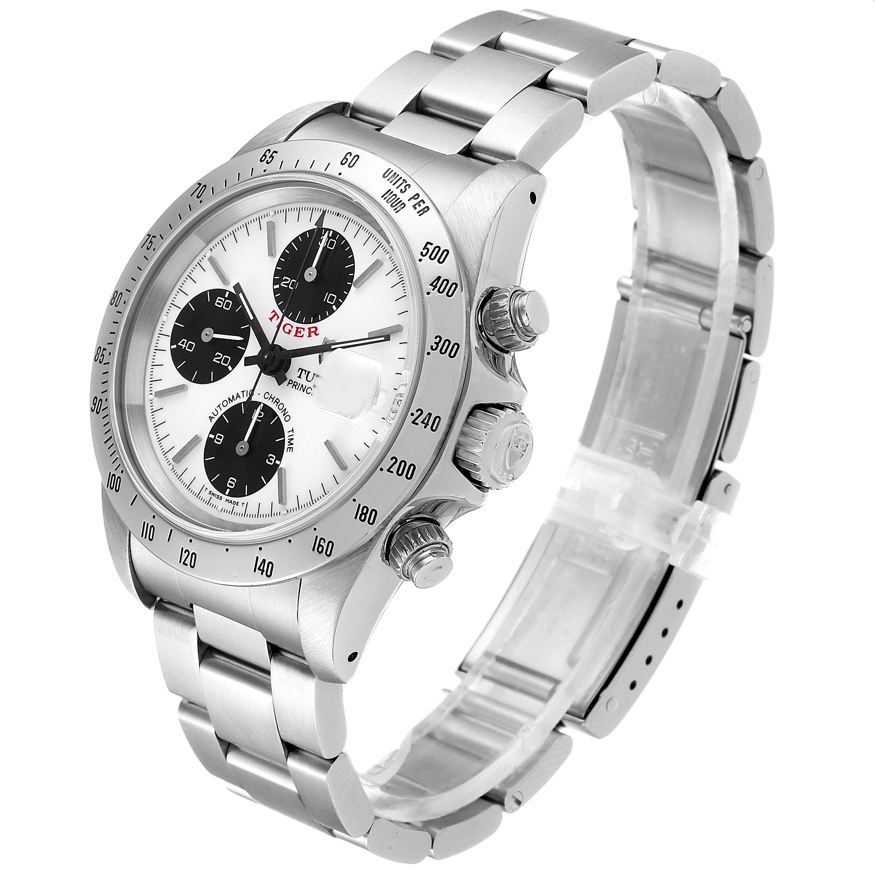 This Tudor Prince model watch is shown from a three-quarter angle, displaying its face, bezel, crown, and bracelet.