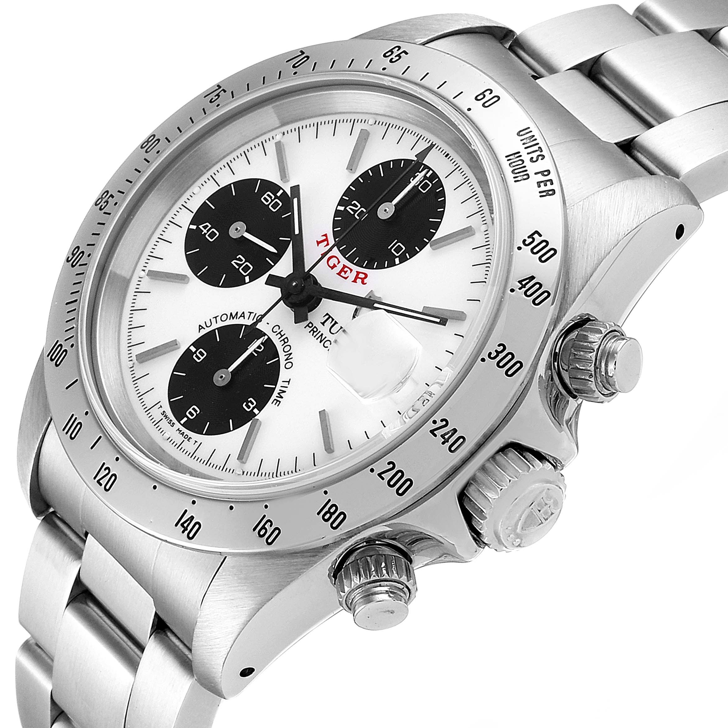 The image shows a Tudor Prince wristwatch at a slight angle highlighting the face, bezel, chronograph dials, and crown.