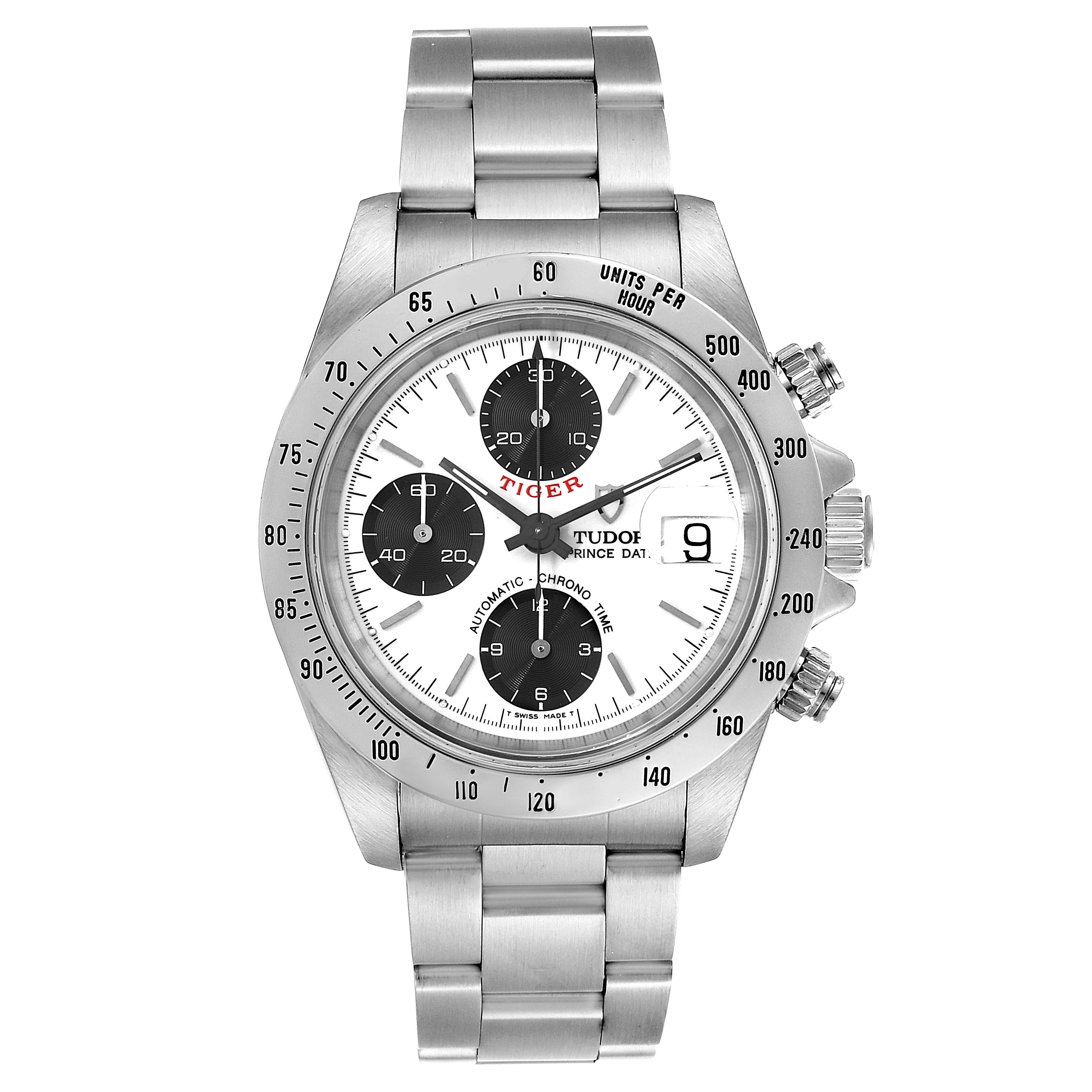 The Tudor Prince watch is shown from the front, displaying its face, chronograph dials, bezel, and metal bracelet.