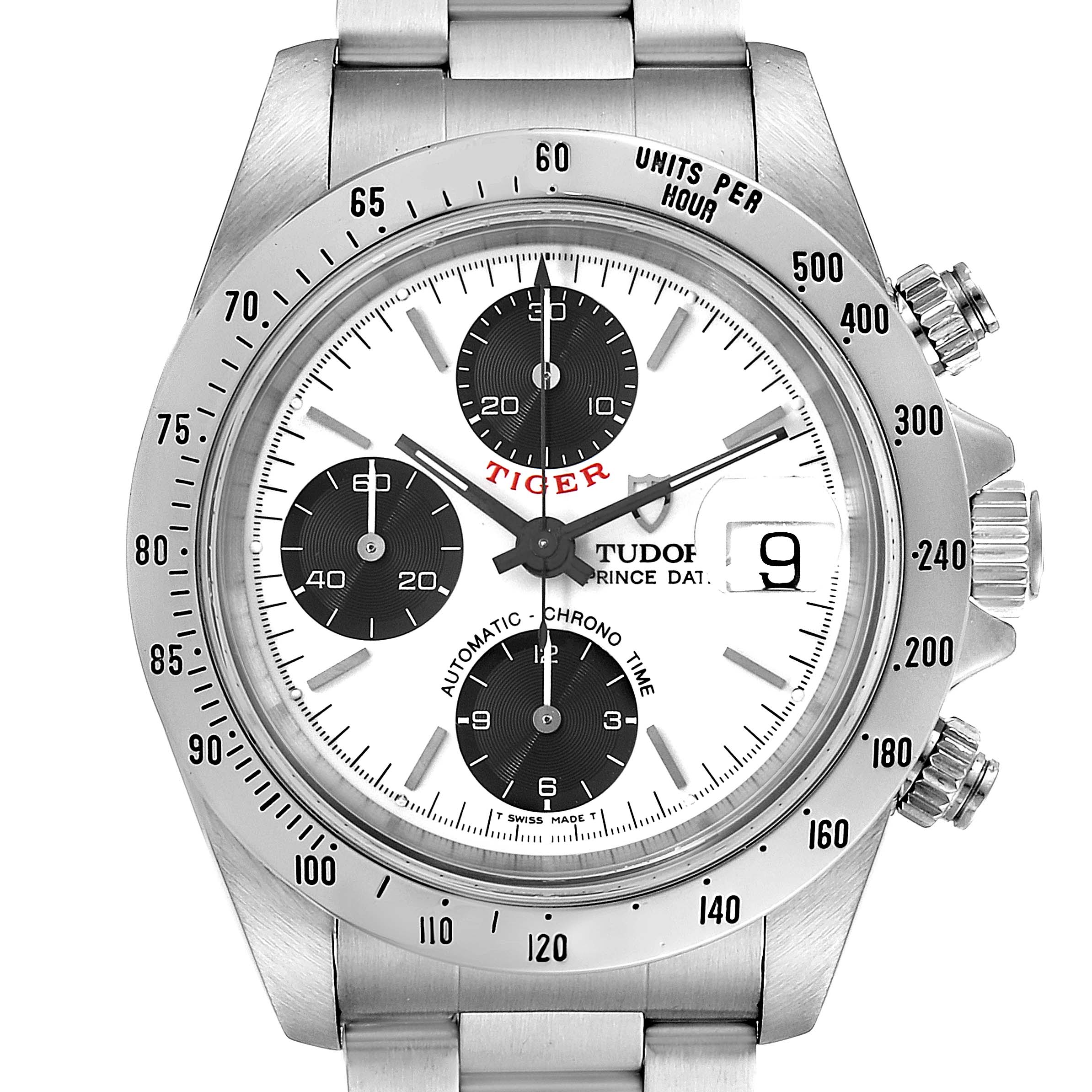 The image shows a frontal view of the Tudor Tiger 79280 Men's Stainless Steel White Dial 79280 Men's Stainless Steel White Dial model watch, highlighting the dial, subdials, bezel, and pushers.