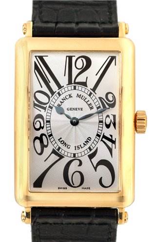 The image shows a frontal view of the Franck Muller 1000SC, # 352 Yellow Gold Silver Dial 1000SC, # 352 Yellow Gold Silver Dial Men 18k Y Gold Long Island 1000SC #352 model, highlighting the face, case, and straps.